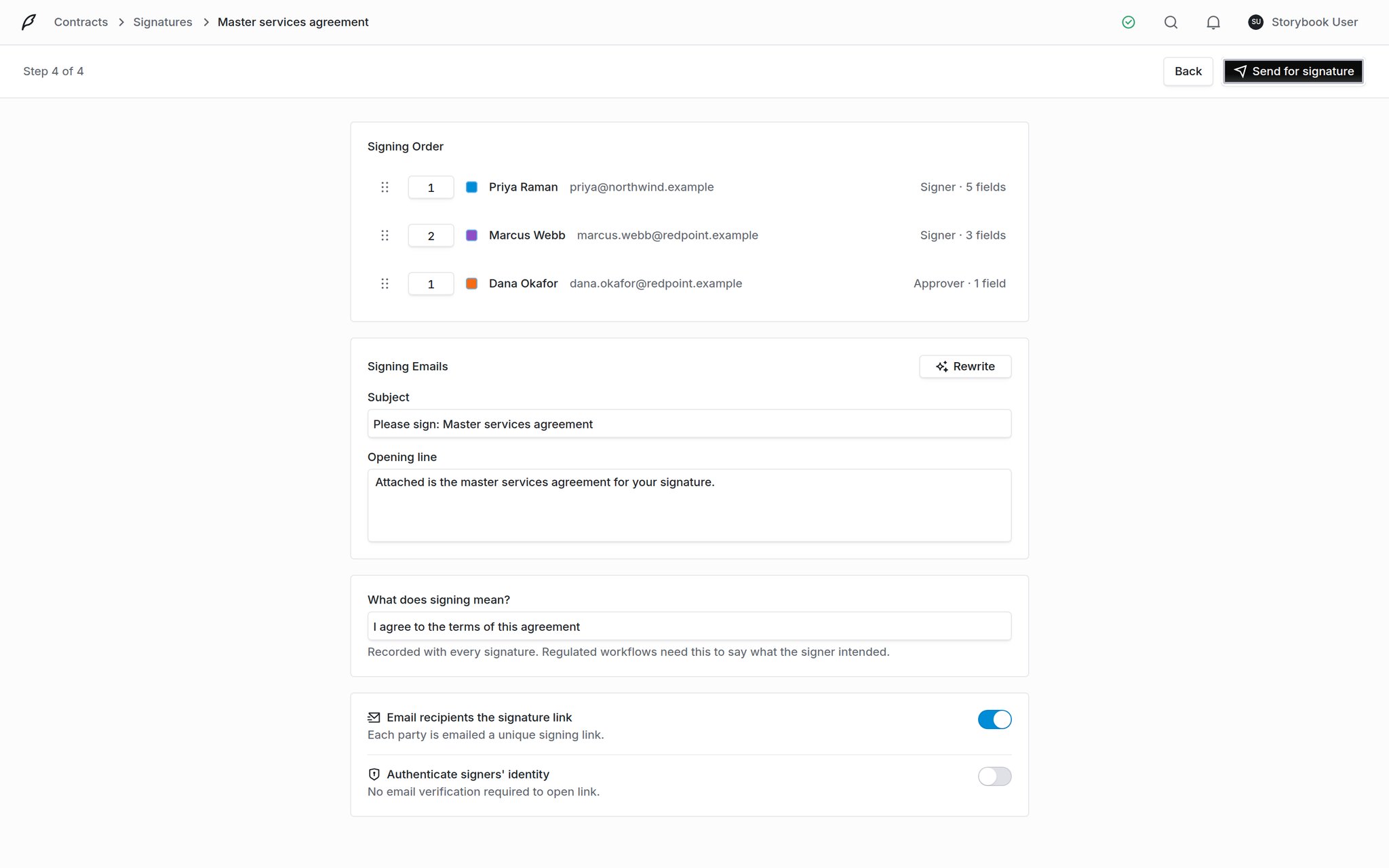 Send wizard review step showing signing order, signing emails, signature meaning and the notify and authenticate toggles