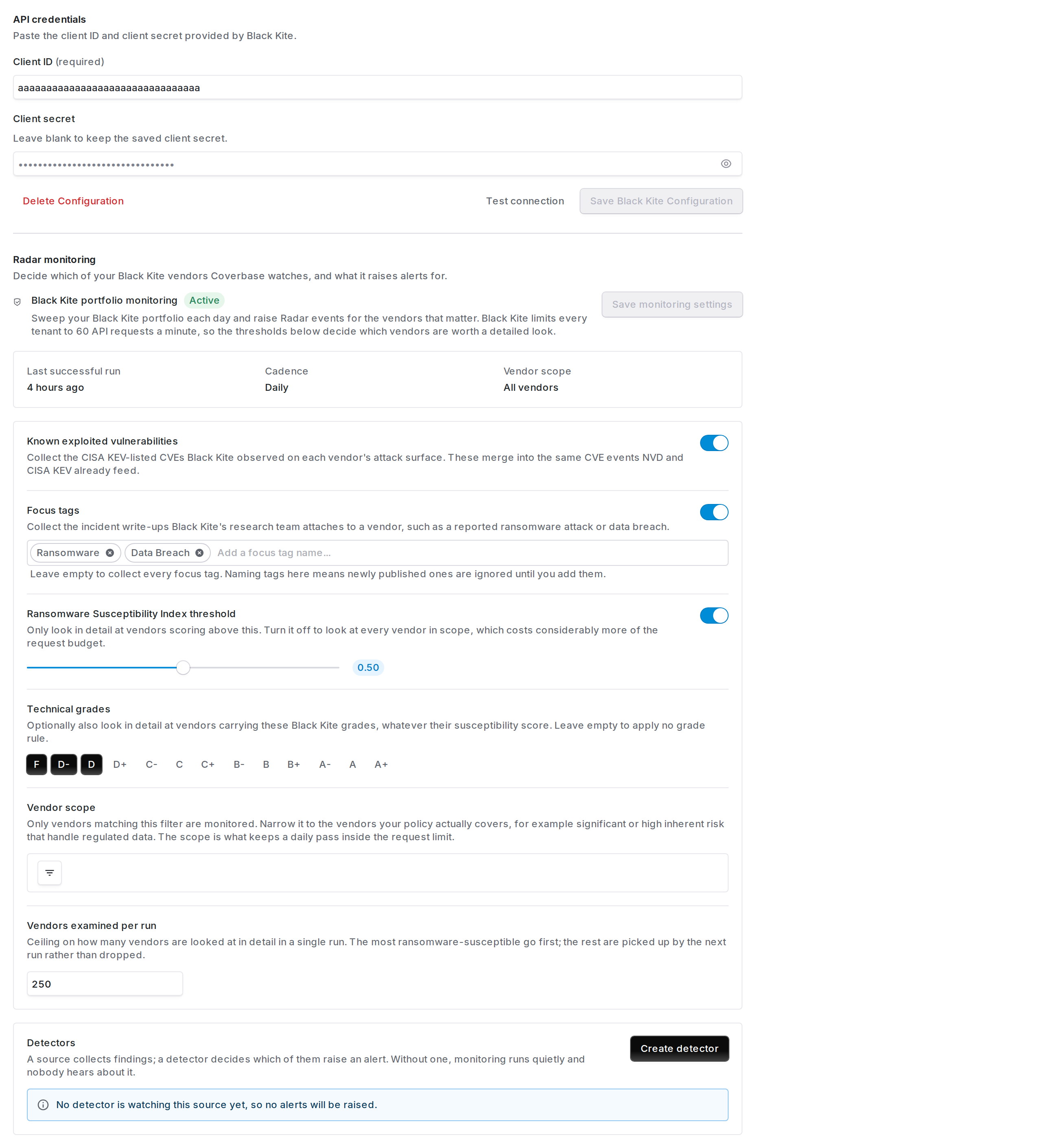 Black Kite configuration page showing API credentials and Radar monitoring settings