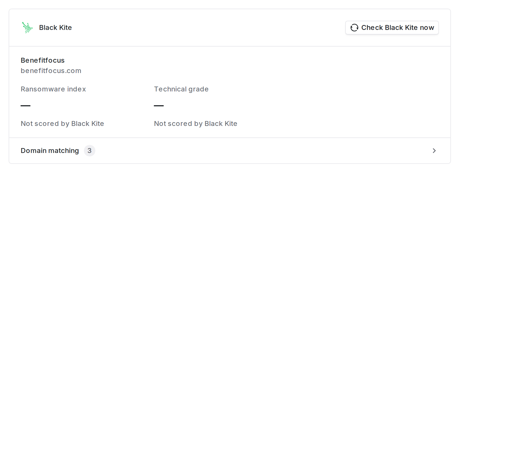 Vendor Black Kite card showing no ransomware index or grade for an unrated company