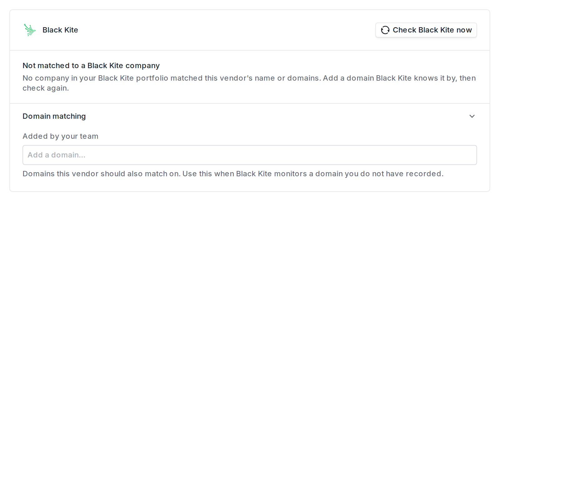 Vendor Black Kite card reporting that no portfolio company matched