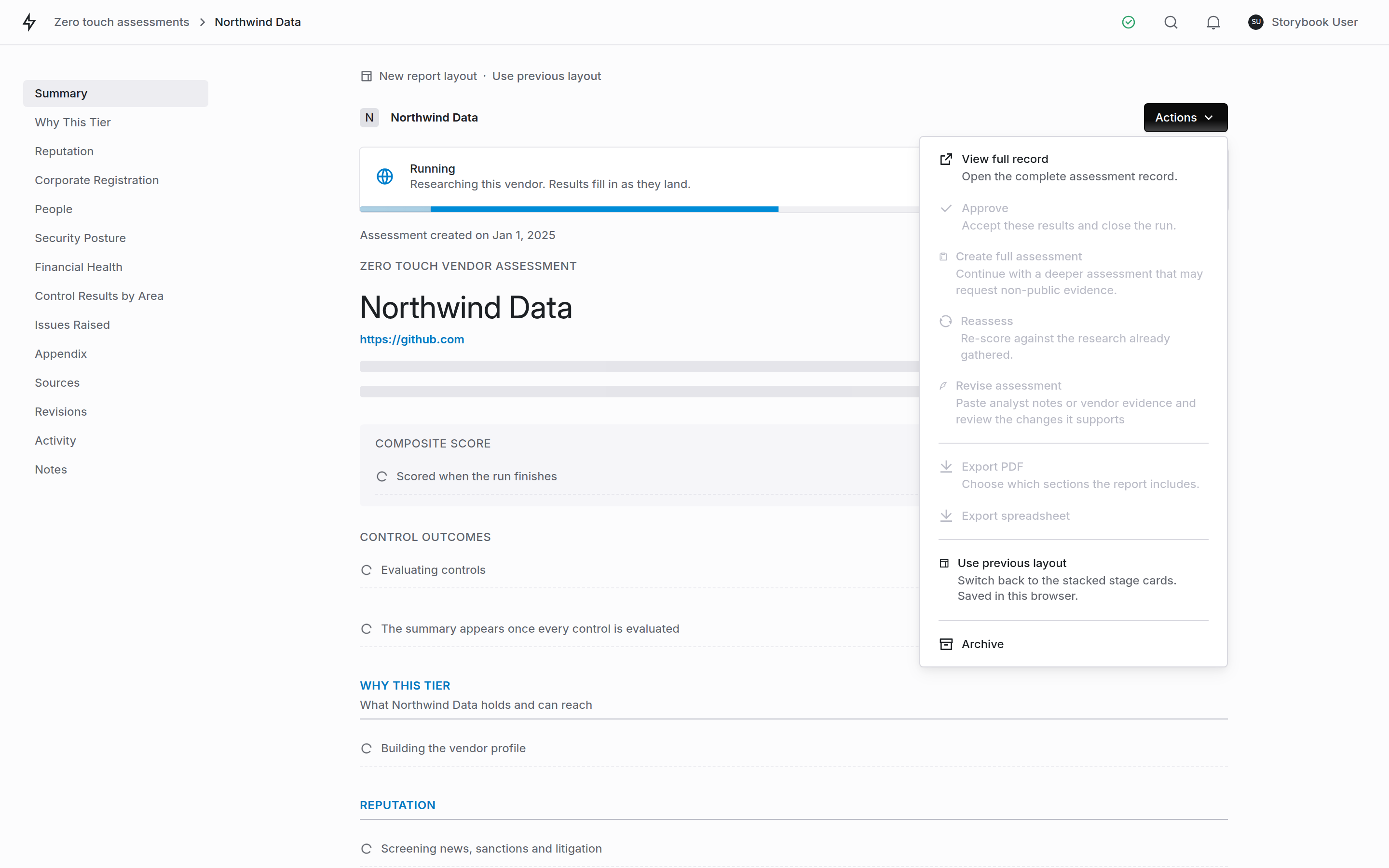 The Zero Touch Actions menu on a run in flight, with approve, create full assessment, reassess, revise assessment and the exports grayed out, and view full record, use previous layout and archive still available.