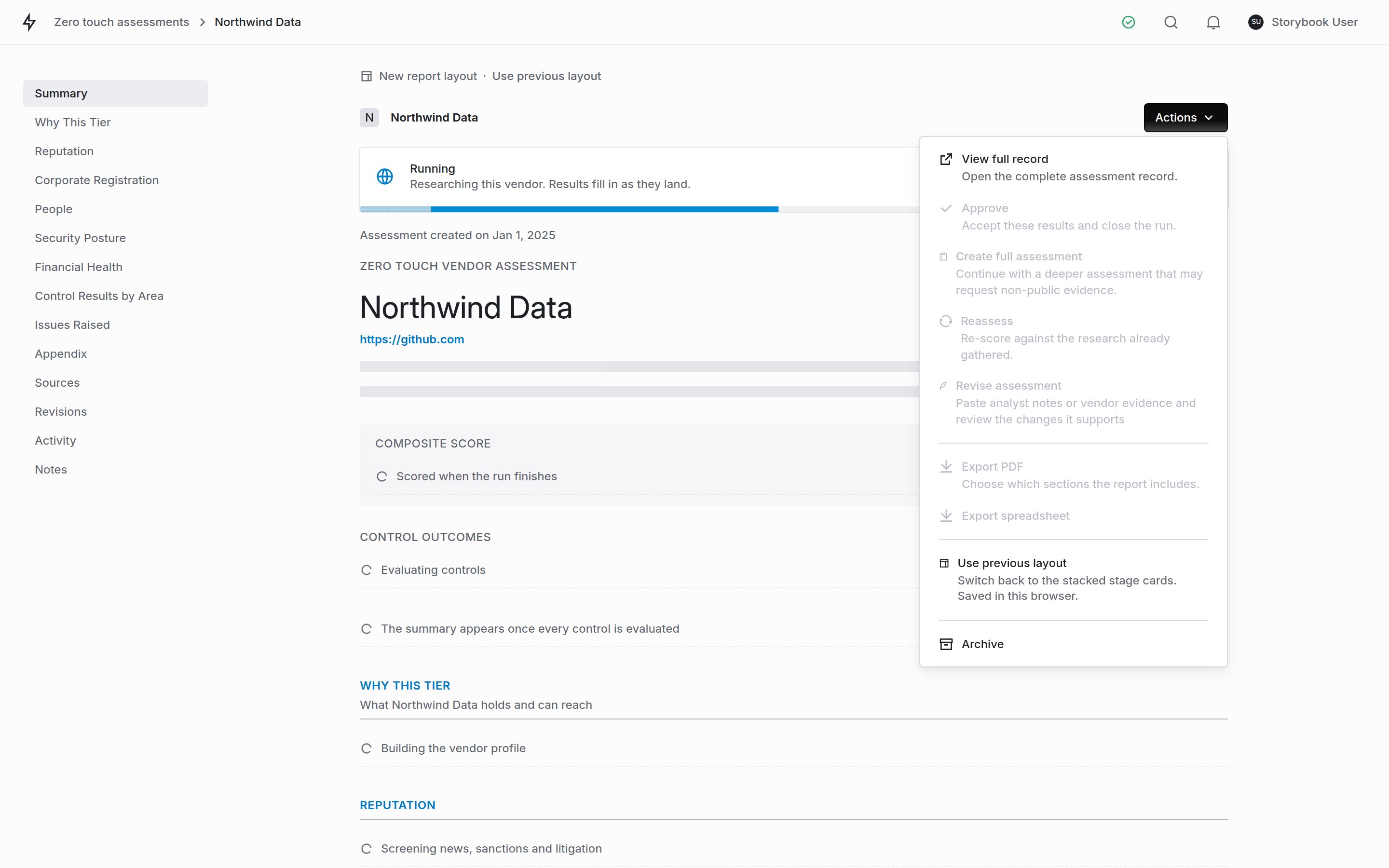 The Zero Touch Actions menu on a run in flight, with approve, create full assessment, reassess, revise assessment and the exports grayed out, and view full record, use previous layout and archive still available.