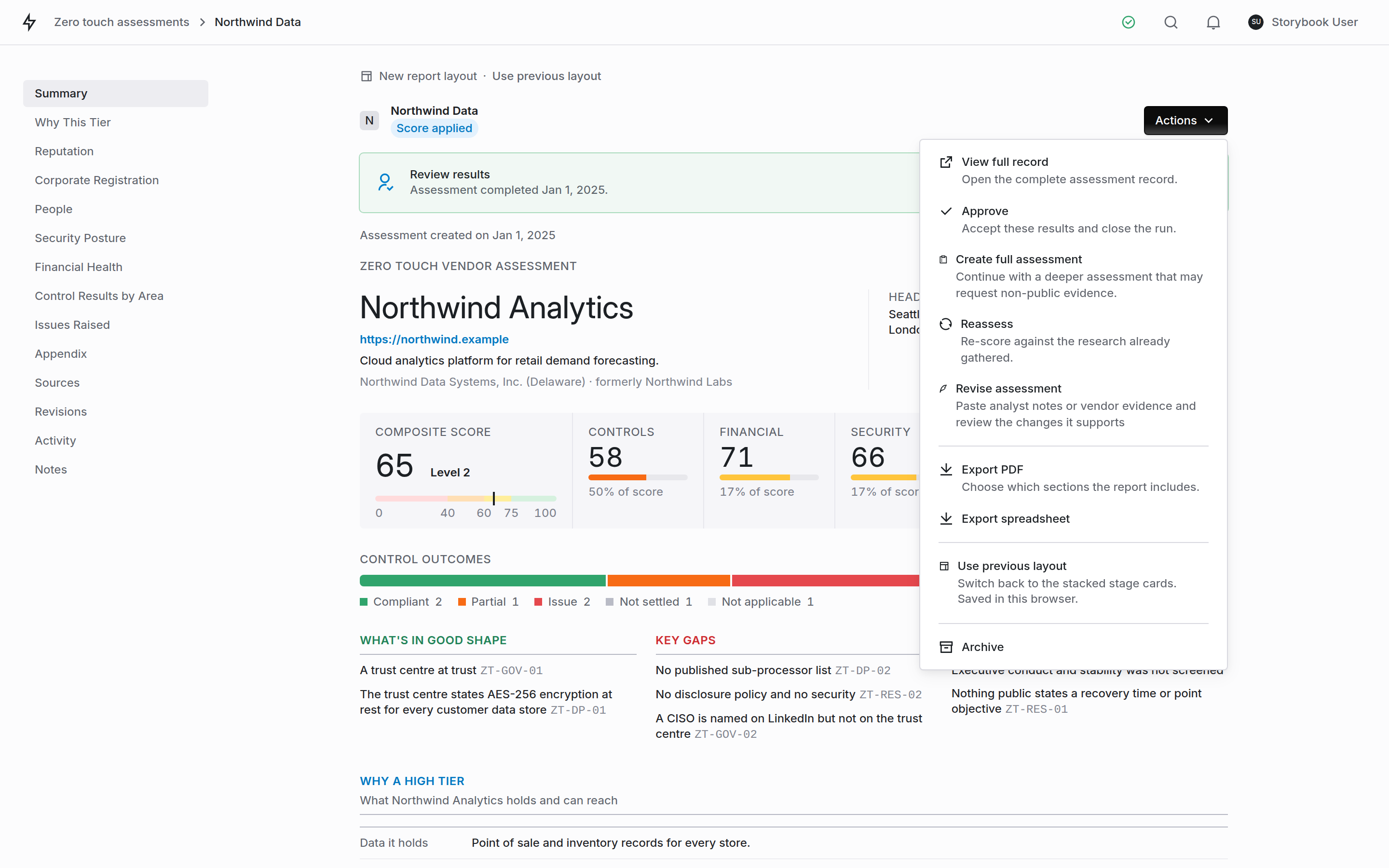The Zero Touch Actions menu on a finished run: view full record, approve, create full assessment, reassess, revise assessment, export PDF, export spreadsheet, use previous layout, and archive.