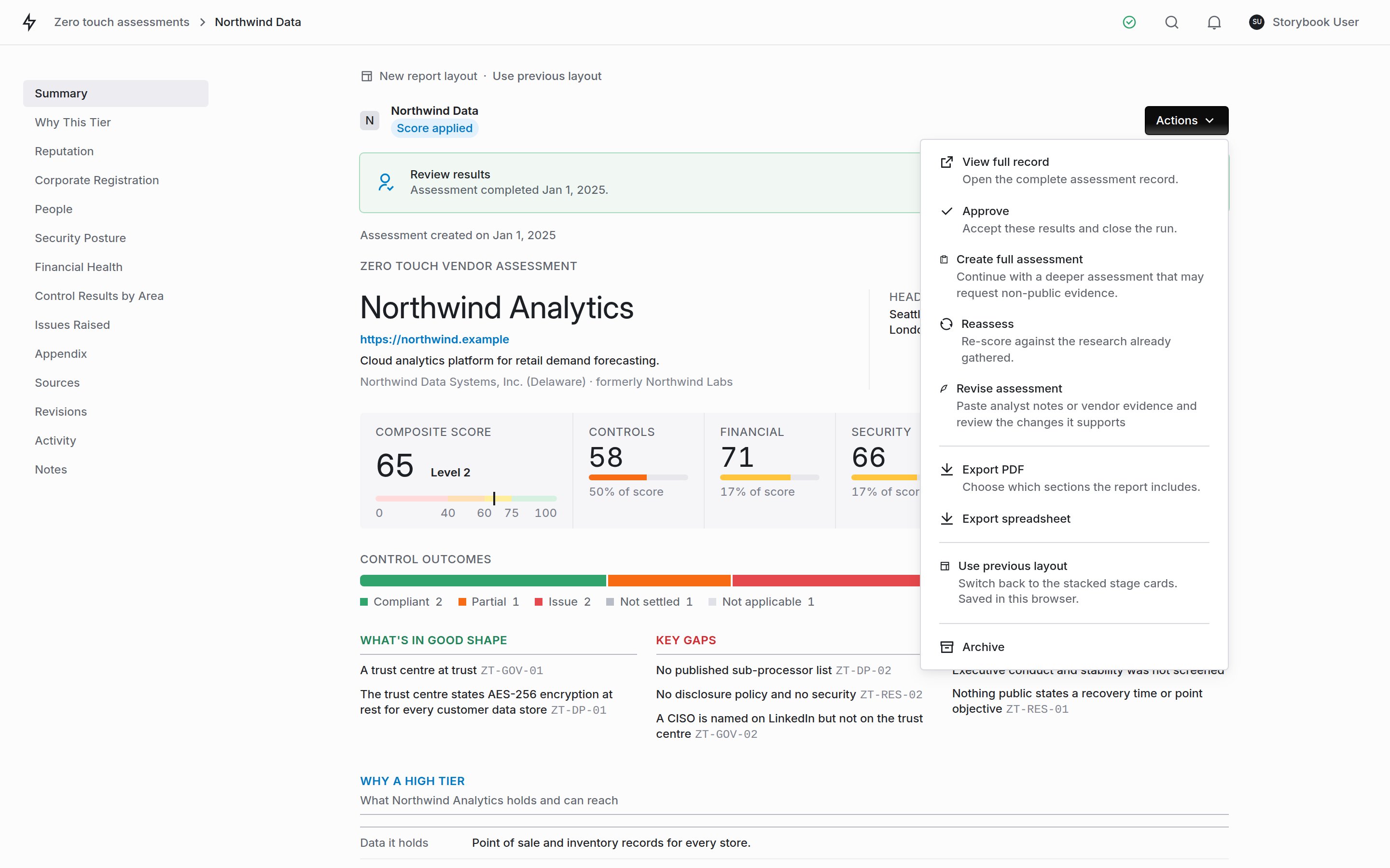The Zero Touch Actions menu on a finished run: view full record, approve, create full assessment, reassess, revise assessment, export PDF, export spreadsheet, use previous layout, and archive.