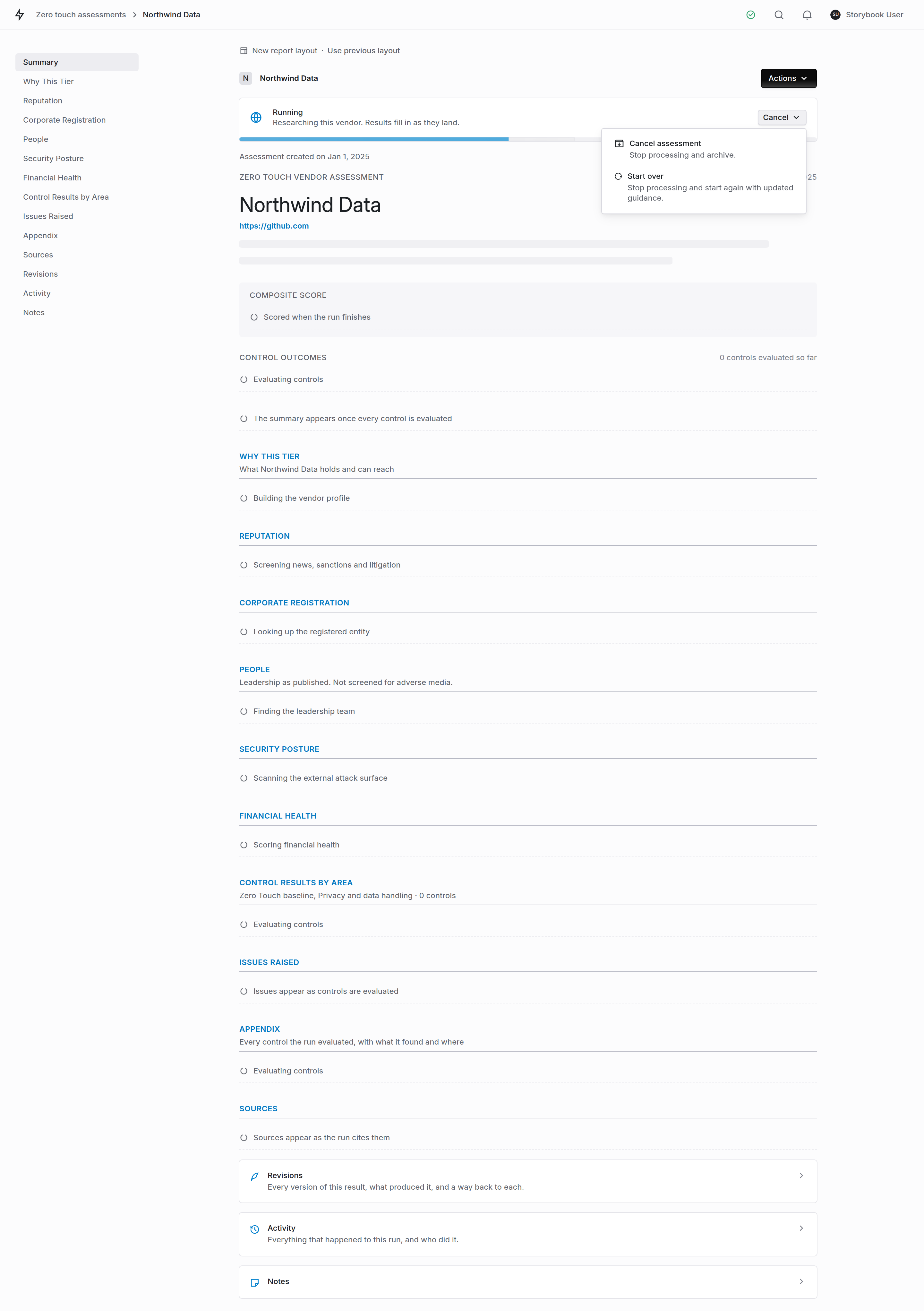 A Zero Touch report for a run still working: a Running banner with a progress bar and its Cancel menu open on Cancel assessment and Start over, and every section below showing what it is still working on.