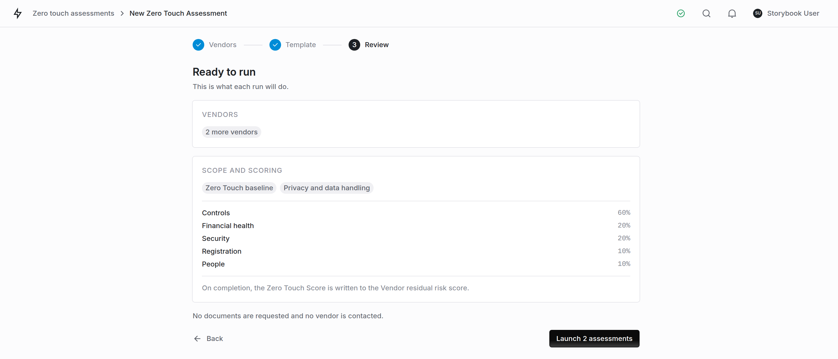 The confirm step of the Zero Touch launch wizard, listing the vendors about to be assessed and the control sets in scope.