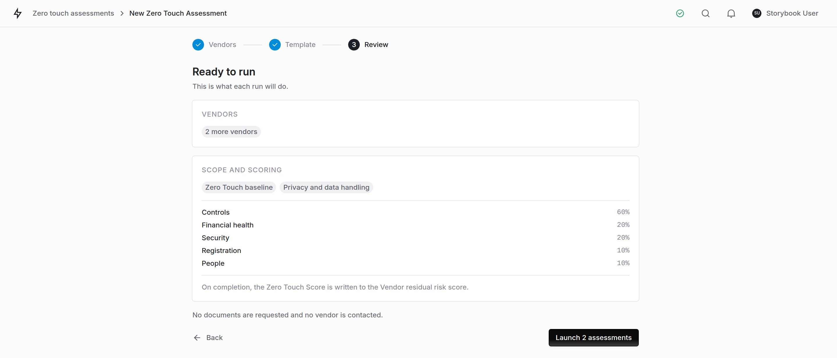 The confirm step of the Zero Touch launch wizard, listing the vendors about to be assessed and the control sets in scope.