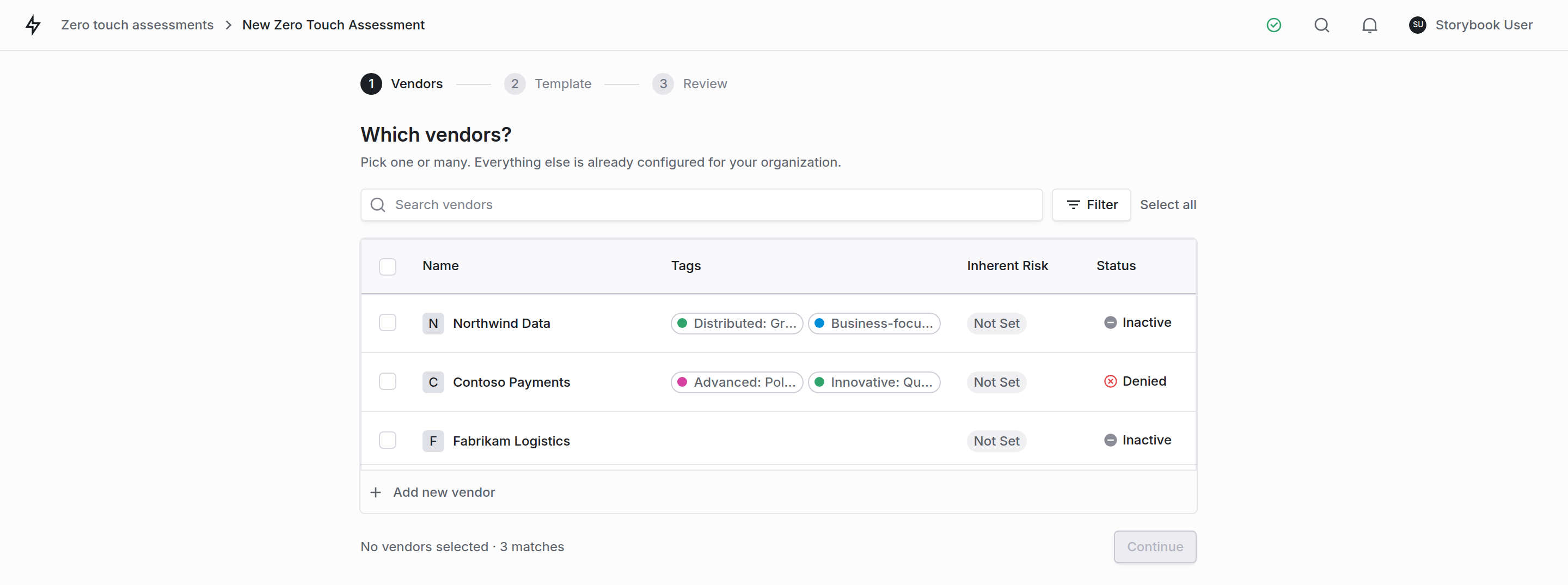The Zero Touch launch wizard, showing vendor selection with a search box and a running count of selected vendors.