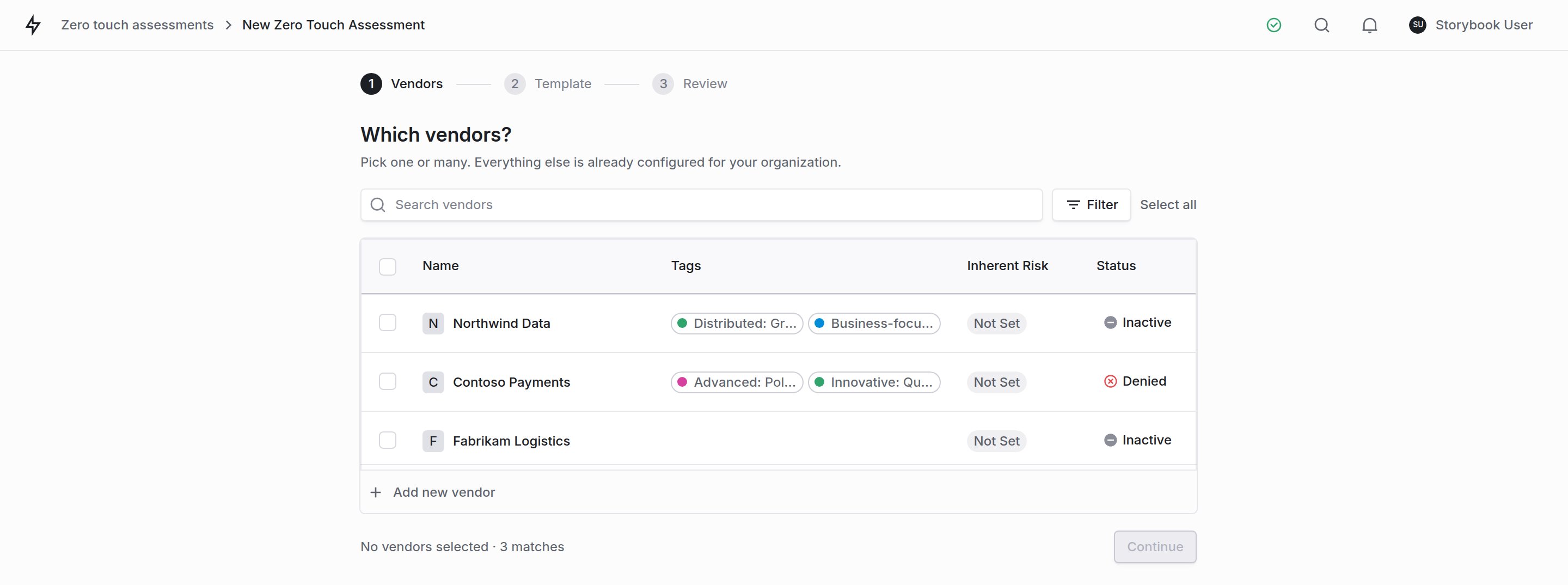 The Zero Touch launch wizard, showing vendor selection with a search box and a running count of selected vendors.