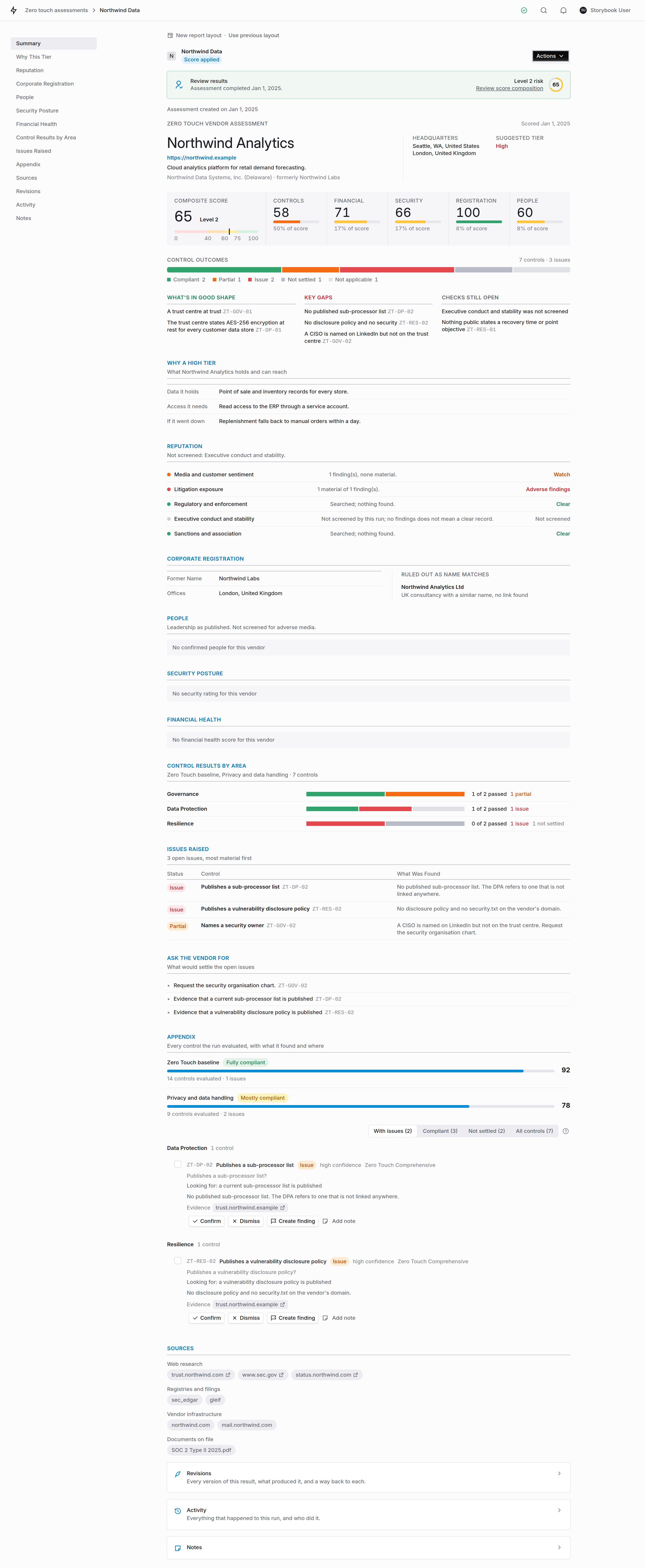 A full Zero Touch report: the summary, why a high tier, reputation by axis, corporate registration with a ruled out name match, people, security posture, financial health, control results by area, issues raised, what to ask the vendor for, an appendix of every control with two control sets scored 92 and 78, the sources grouped by kind, and the Revisions, Activity and Notes panels.