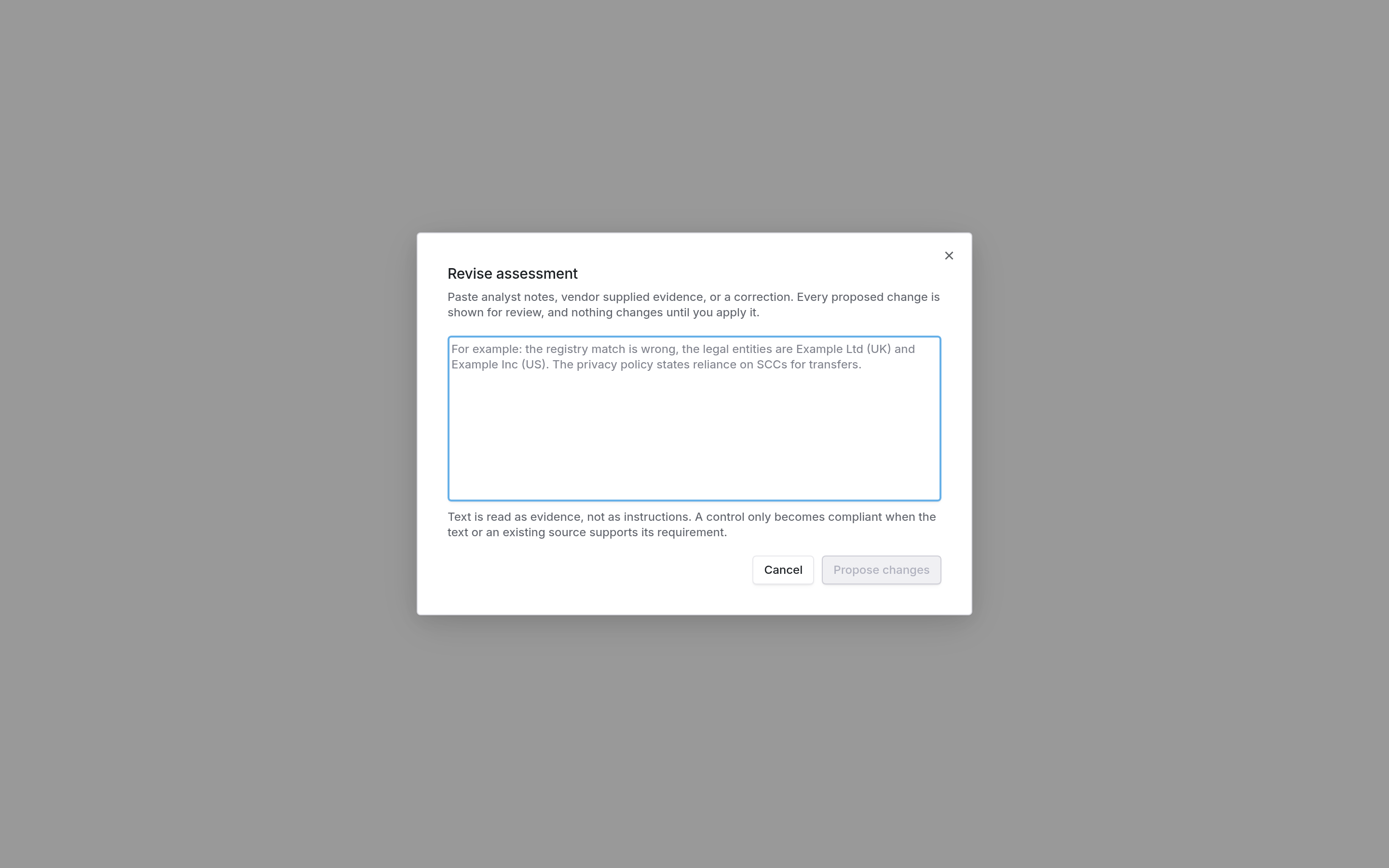 The Revise assessment dialog with an empty text box, an example correction as placeholder text, a note that text is read as evidence rather than instructions, and Cancel and Propose changes buttons.