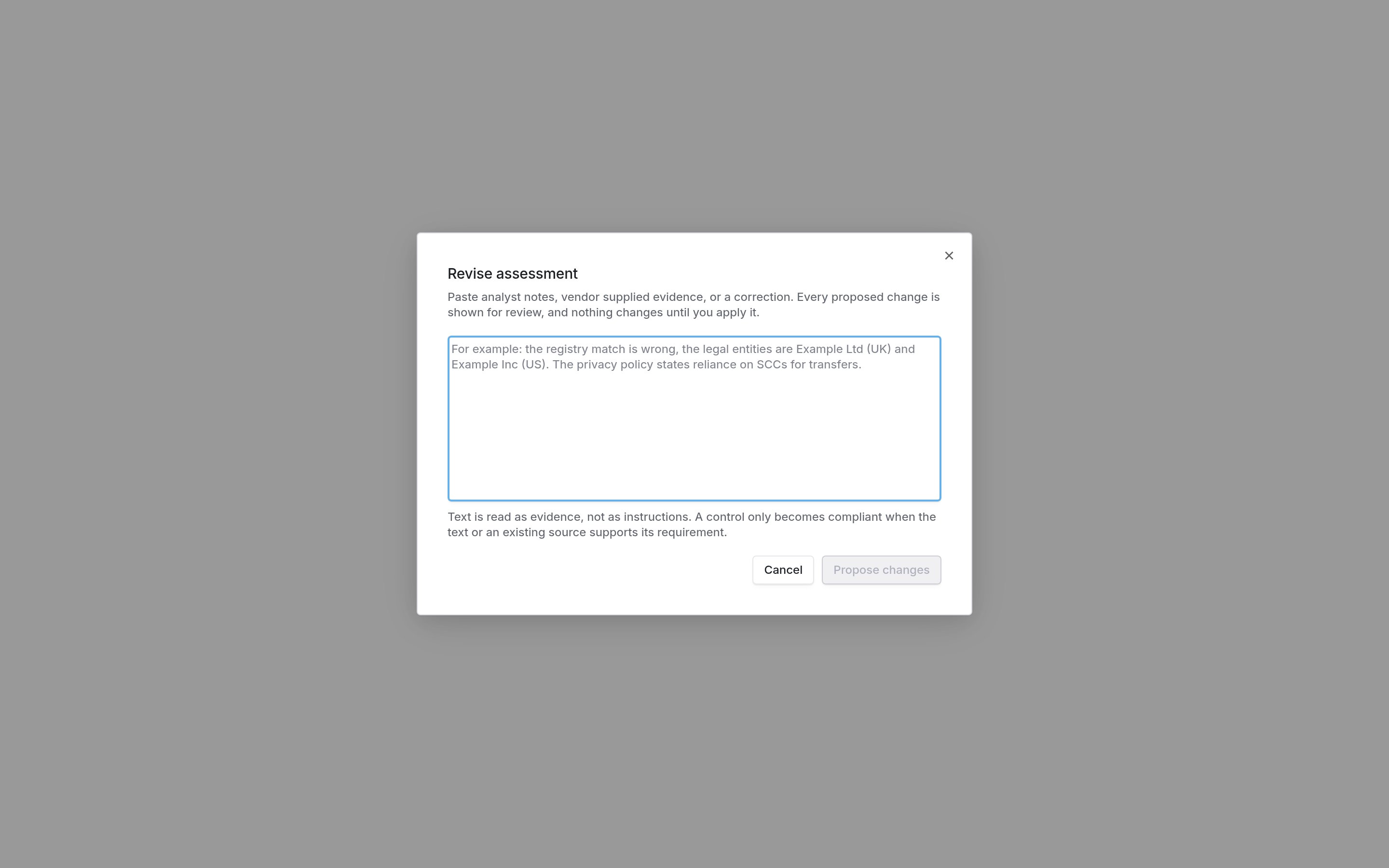 The Revise assessment dialog with an empty text box, an example correction as placeholder text, a note that text is read as evidence rather than instructions, and Cancel and Propose changes buttons.