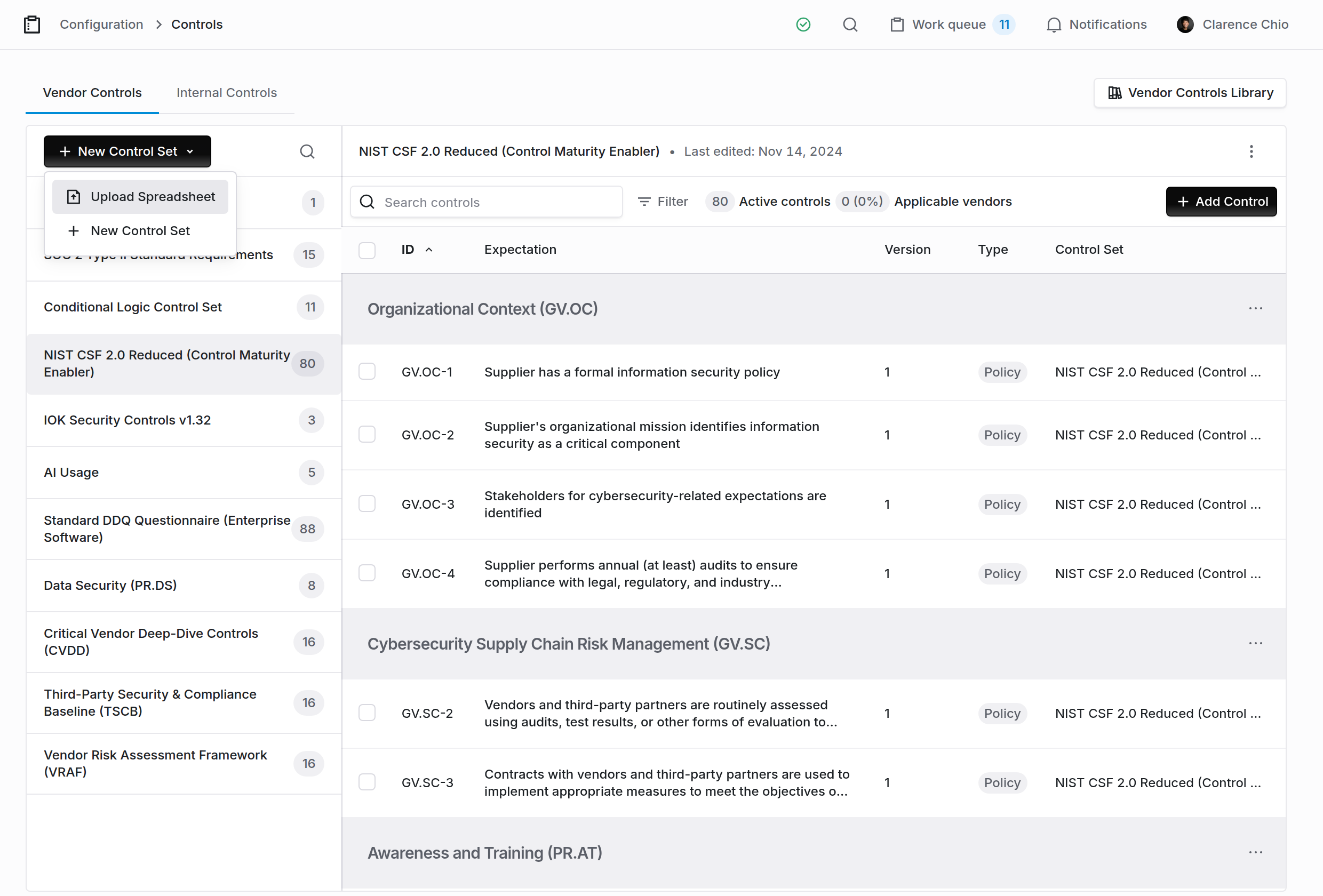 Controls page with a control set open and the New Control Set menu showing Upload Spreadsheet