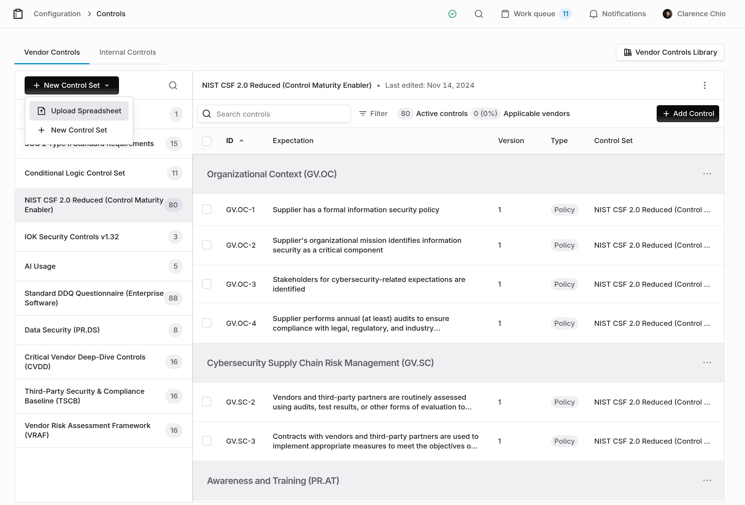 Controls page with a control set open and the New Control Set menu showing Upload Spreadsheet