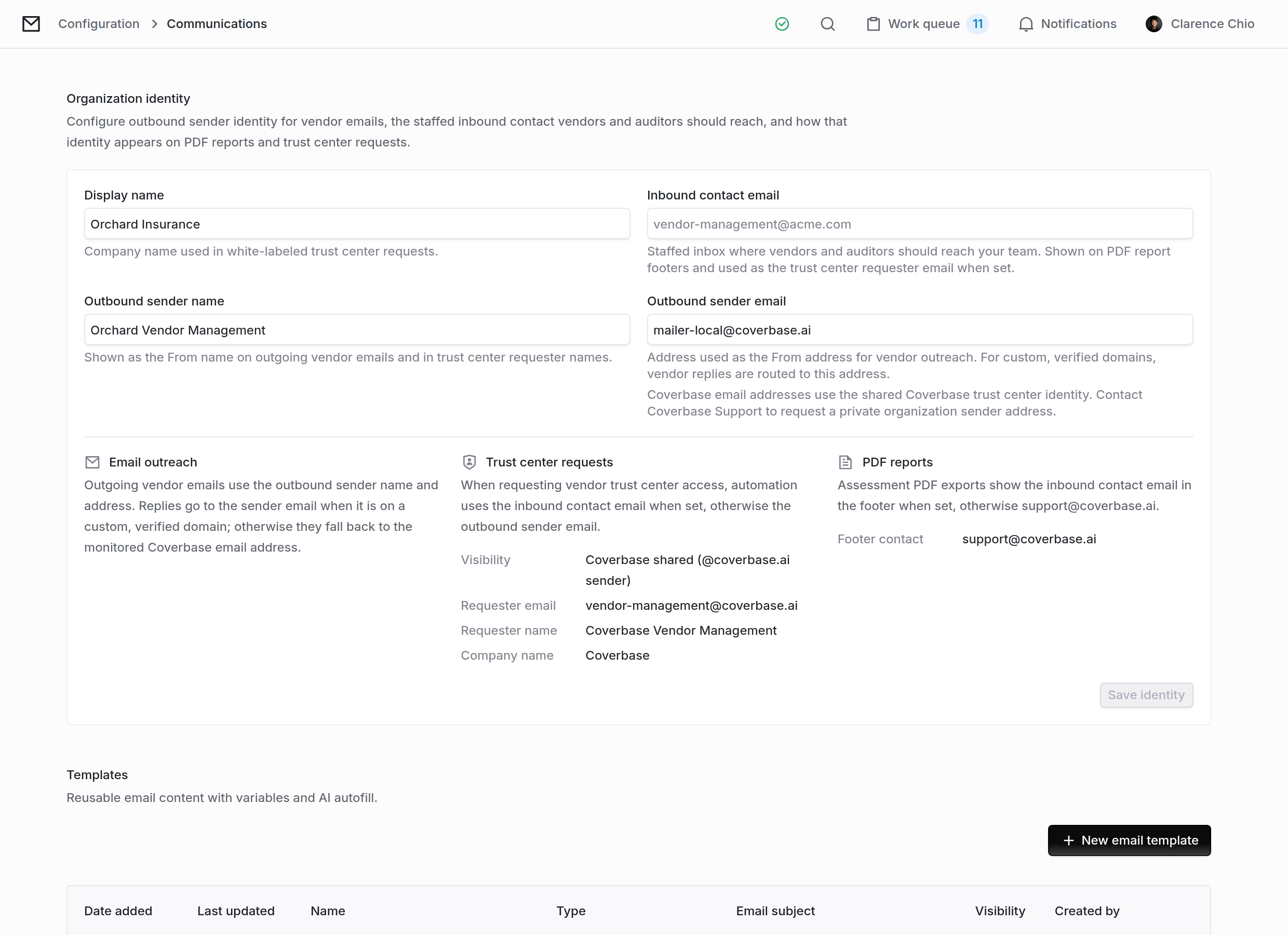 Communications settings with the organization identity and the email templates list