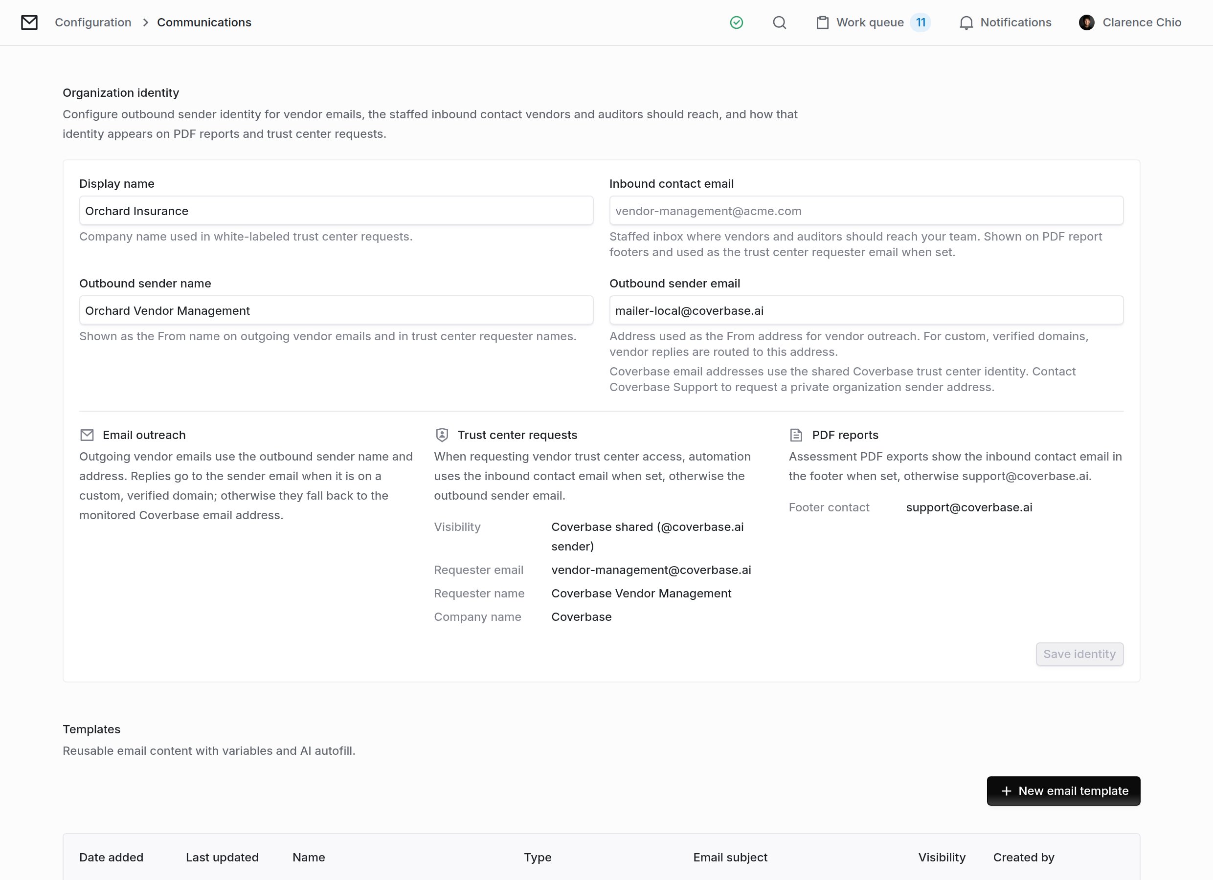 Communications settings with the organization identity and the email templates list