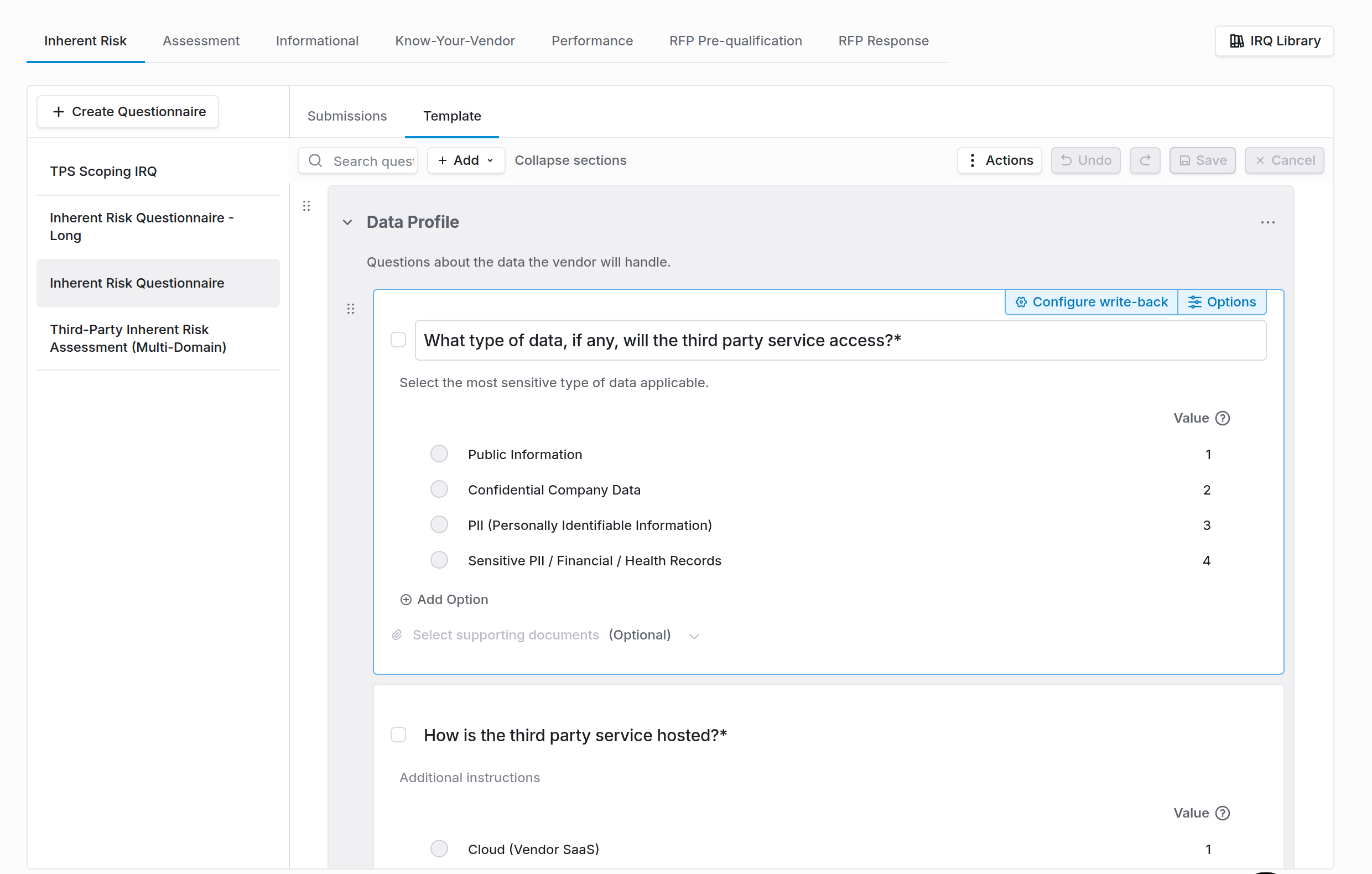 Inherent Risk Questionnaire builder with weighted answers