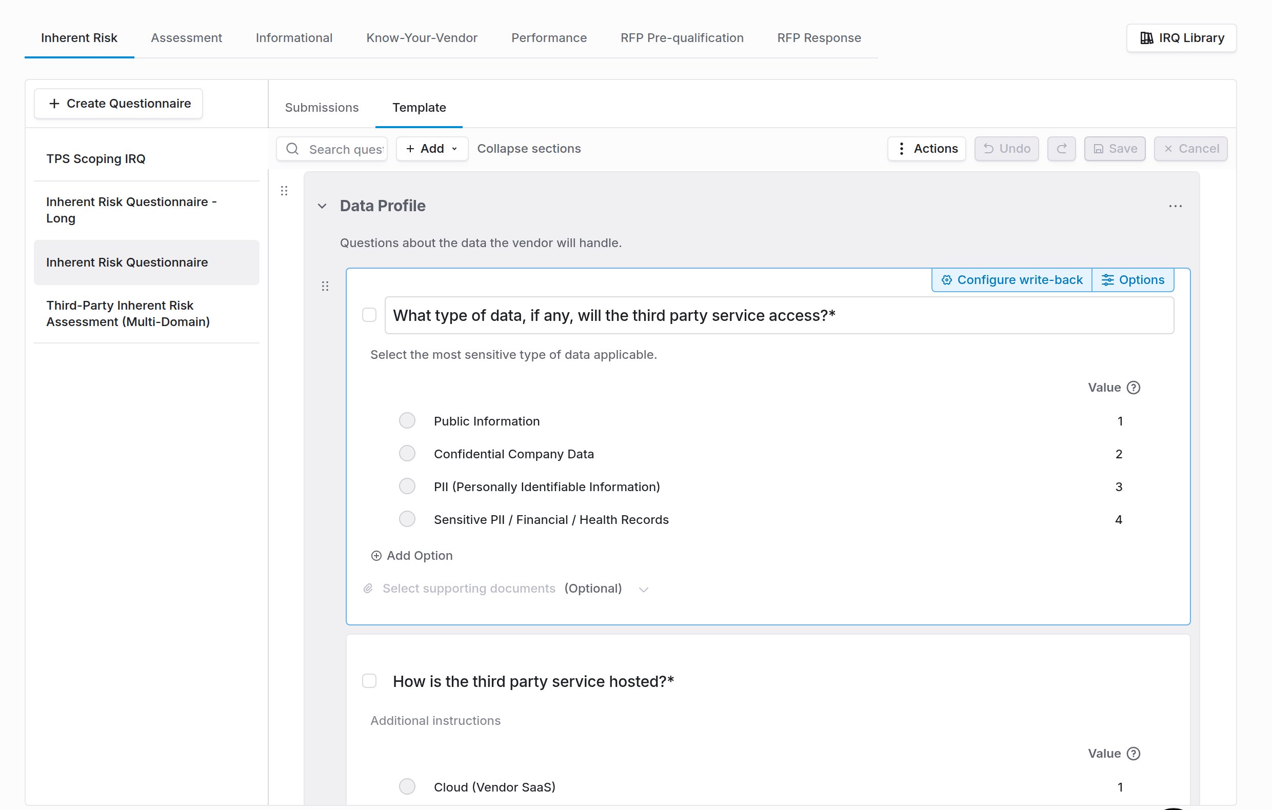 Inherent Risk Questionnaire builder with weighted answers