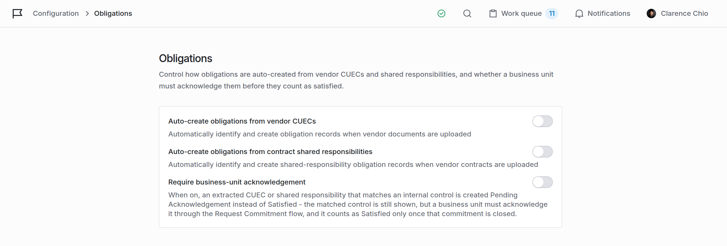 Obligations settings with the two auto-create switches and the business-unit acknowledgement switch
