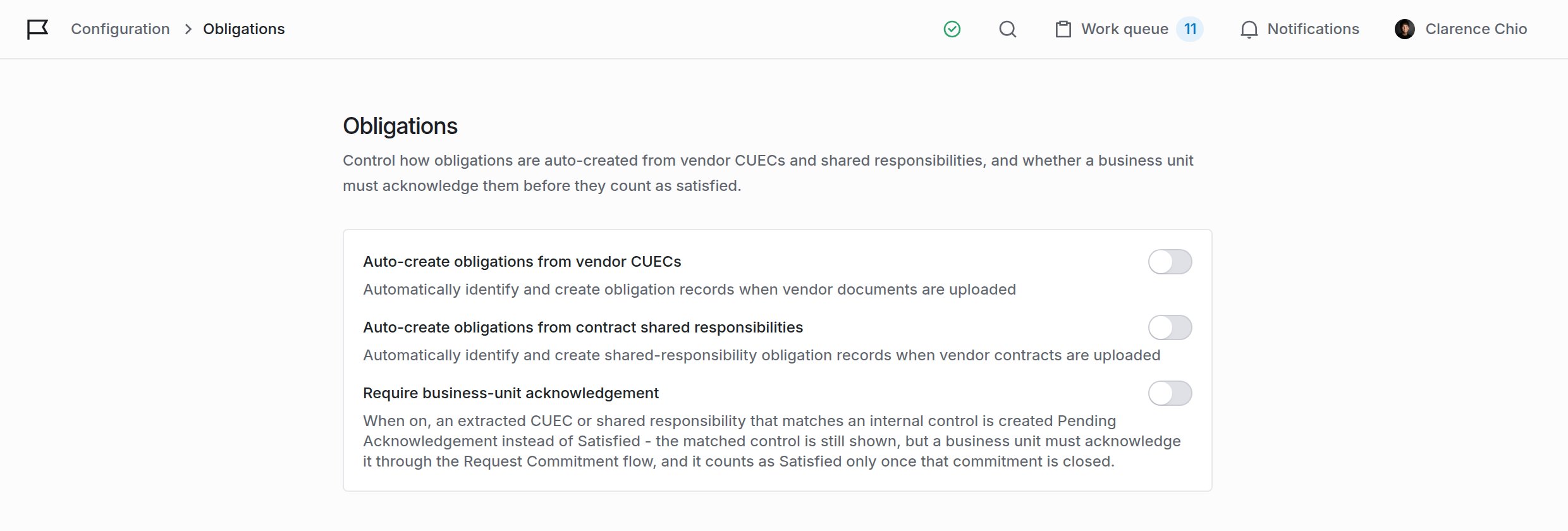 Obligations settings with the two auto-create switches and the business-unit acknowledgement switch