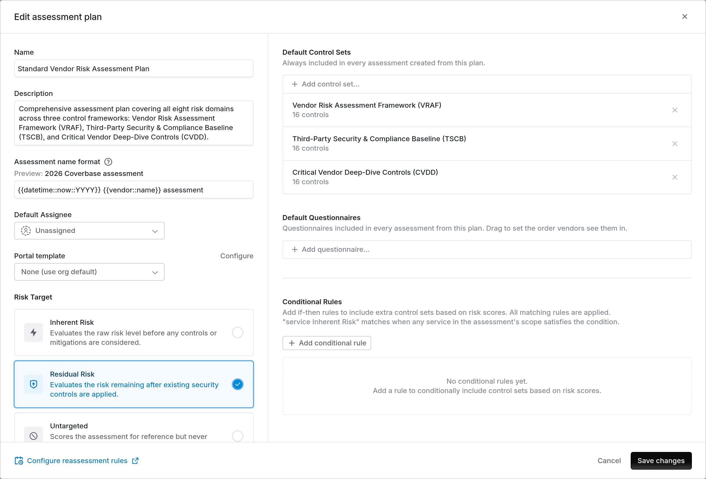 Edit assessment plan dialog with default control sets, conditional rules and the Configure reassessment rules link