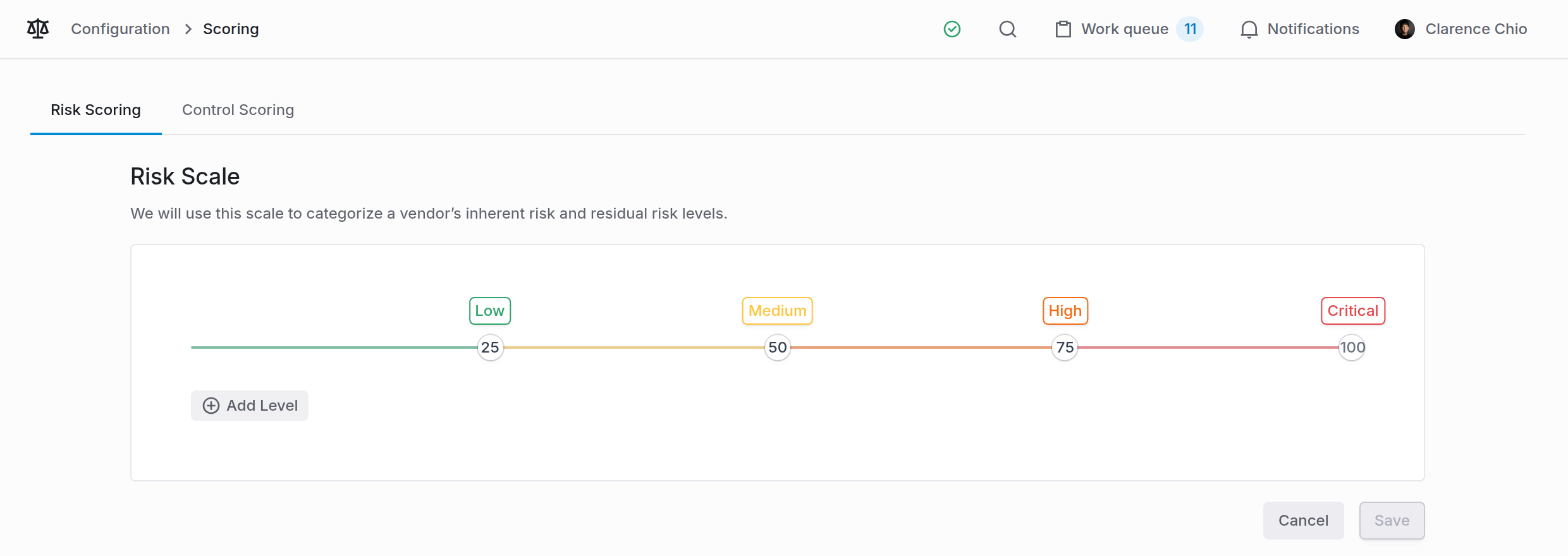 Risk scale configuration with adjustable bands