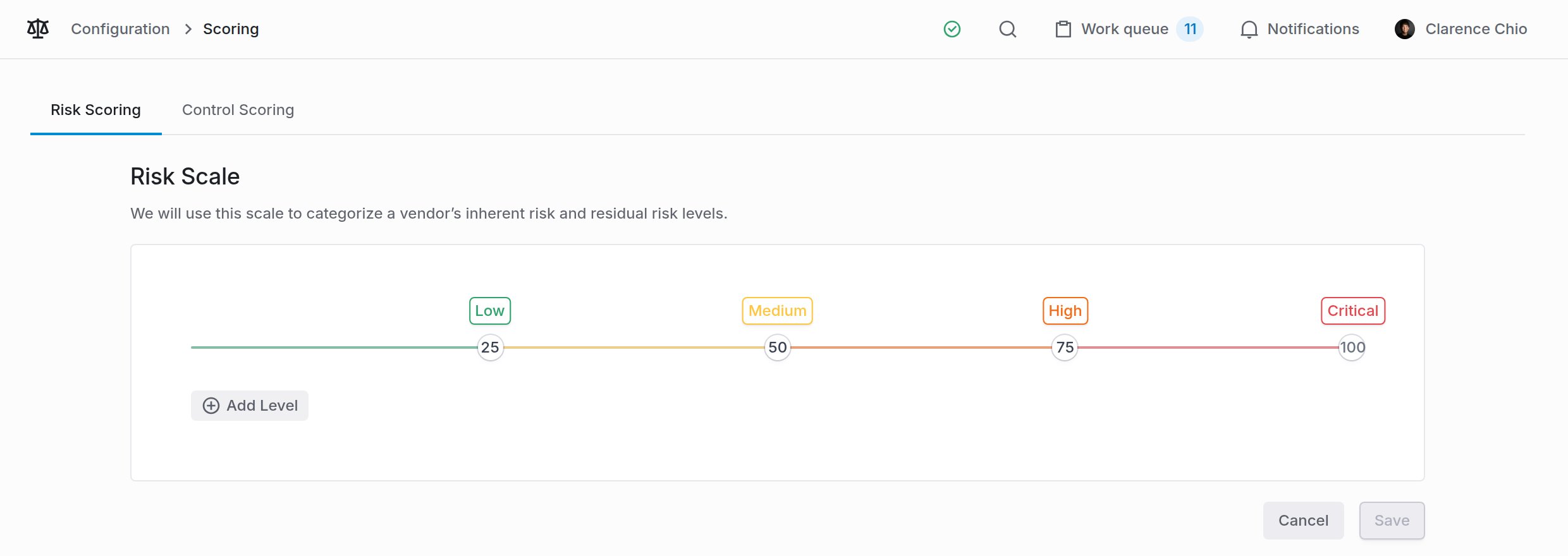 Risk scale configuration with adjustable bands