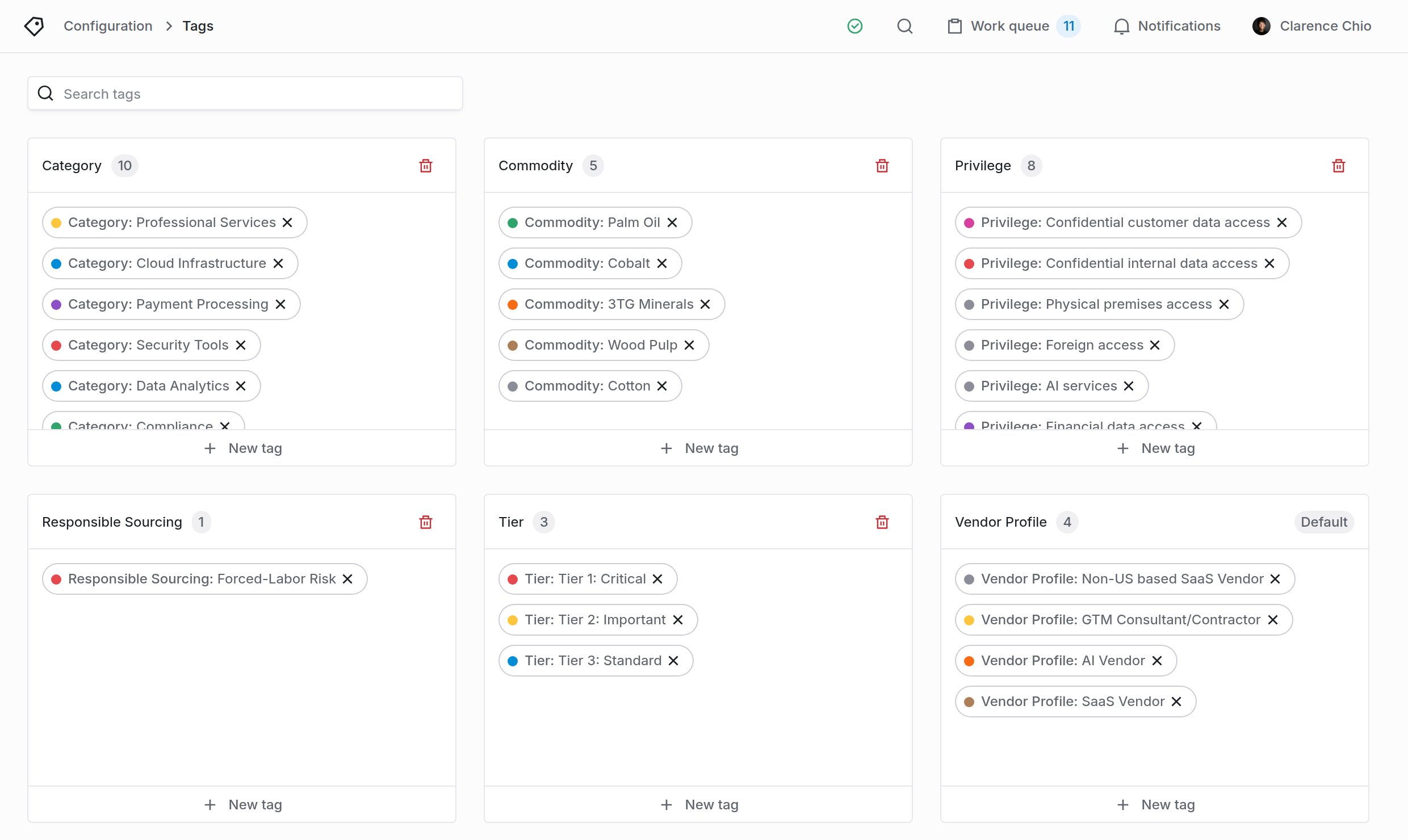 Tag structure configuration grouped by category