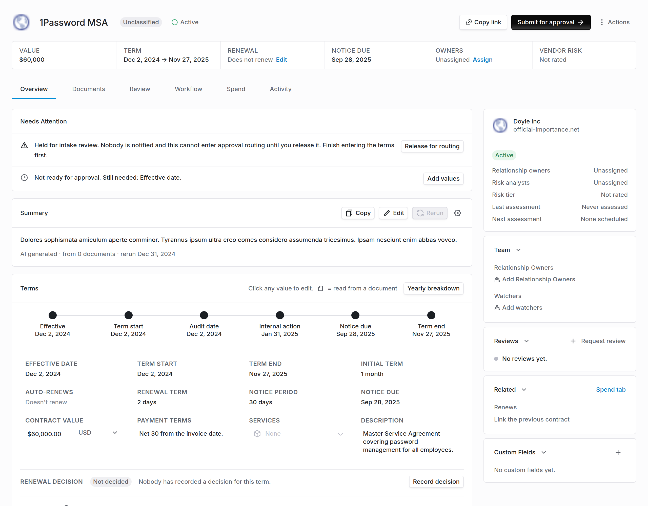 Contract overview with extracted terms and AI summary
