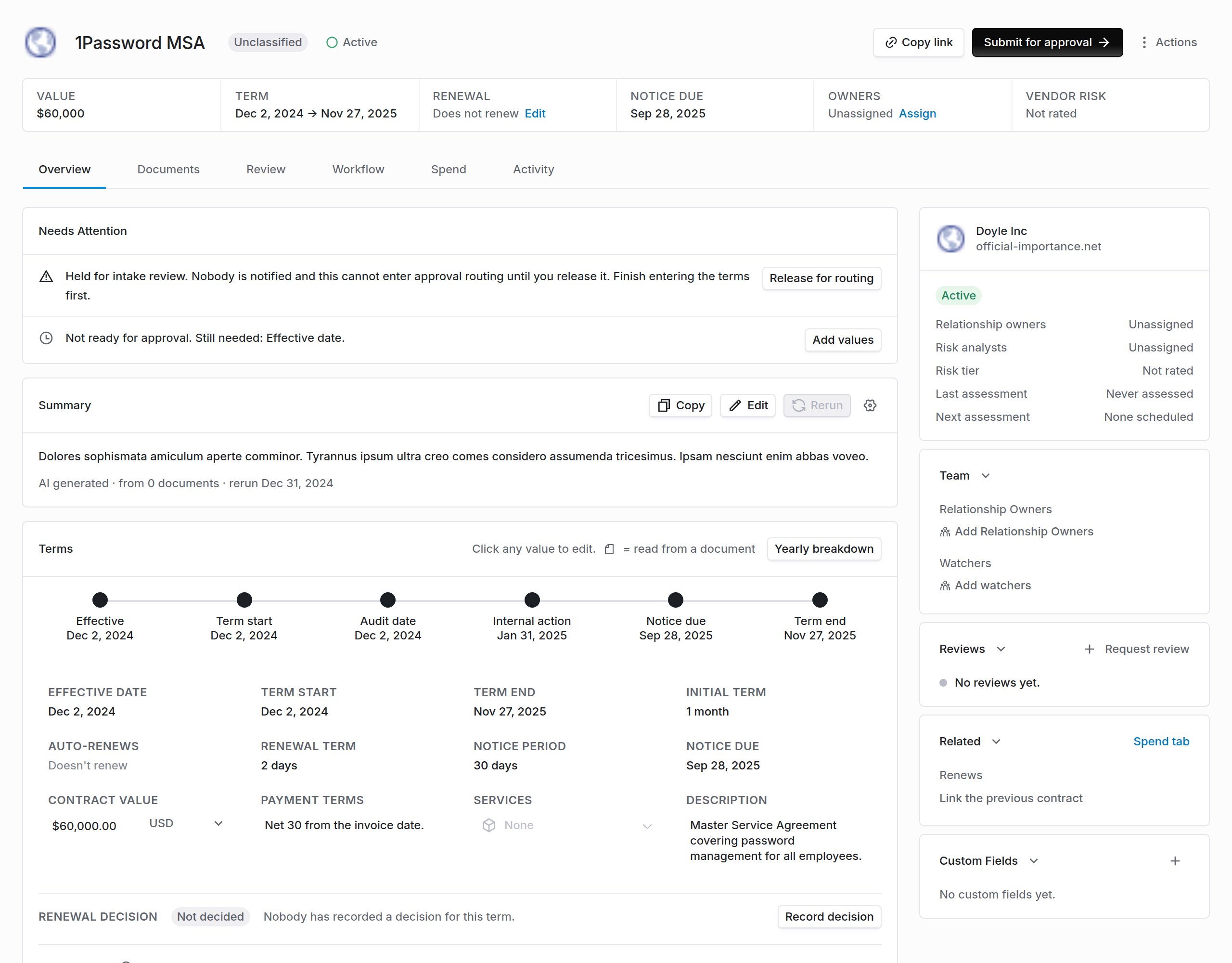 Contract overview with extracted terms and AI summary