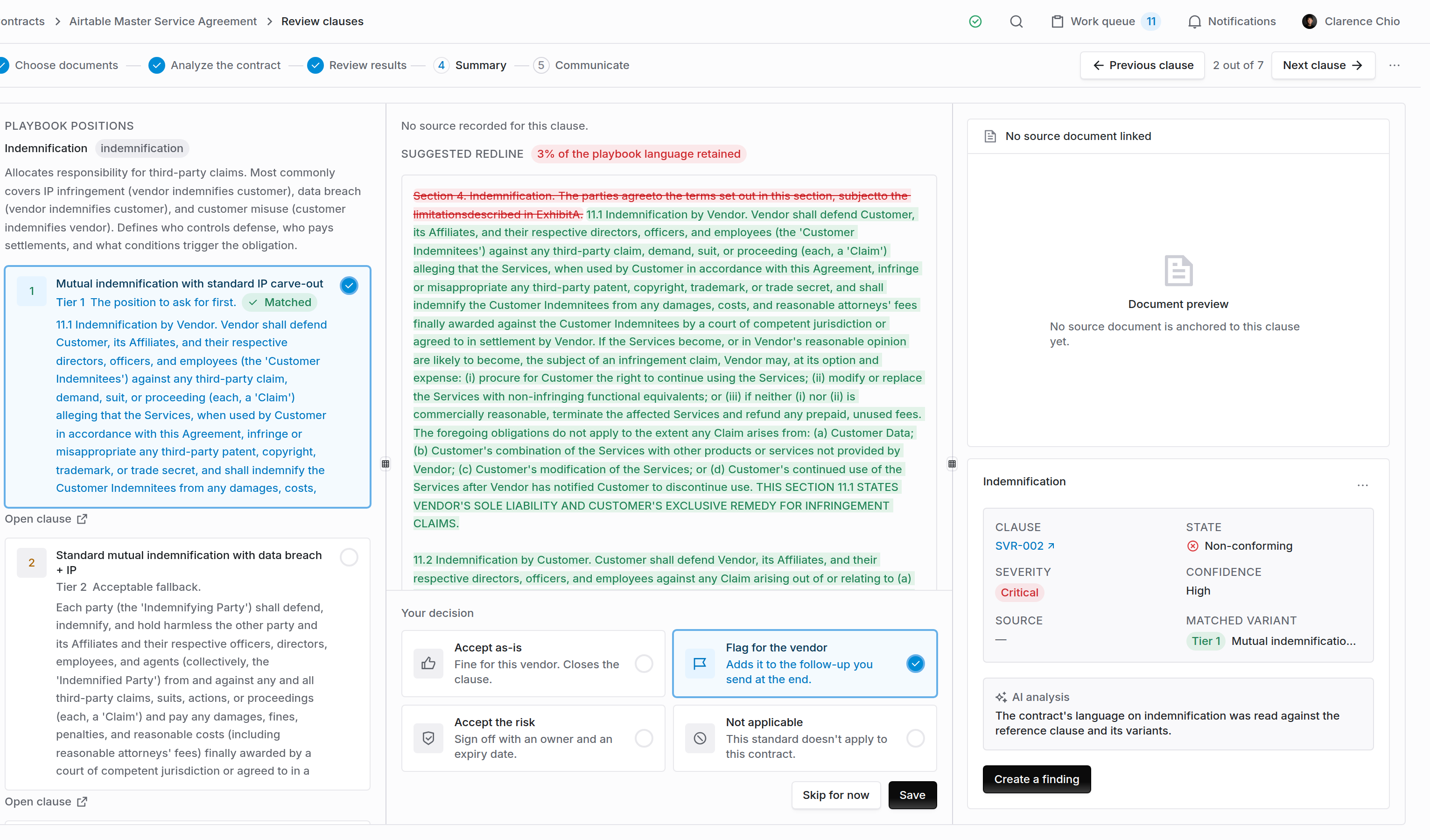 Clause review of a single clause with its analysis and the highlighted source language