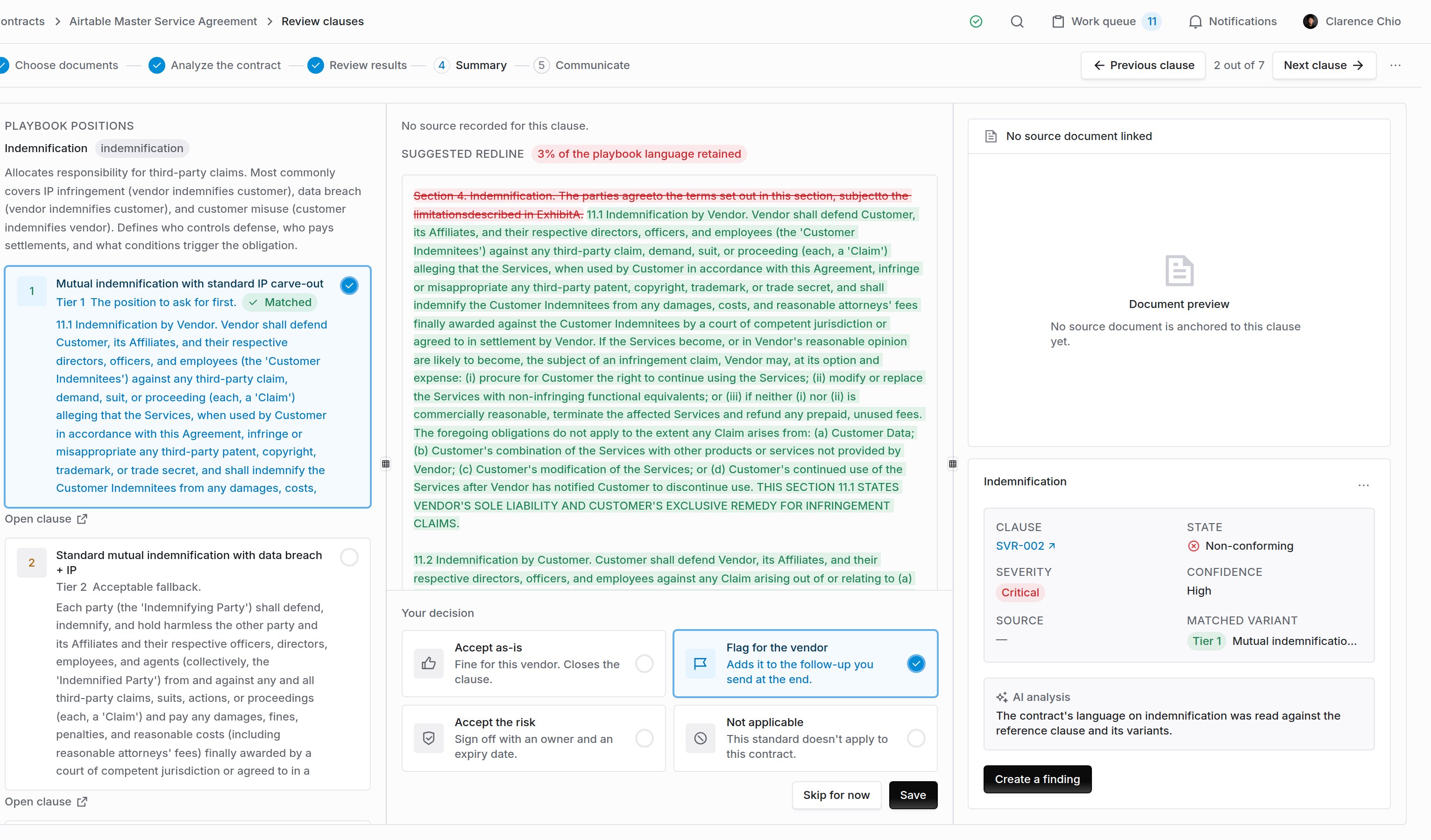 Clause review of a single clause with its analysis and the highlighted source language