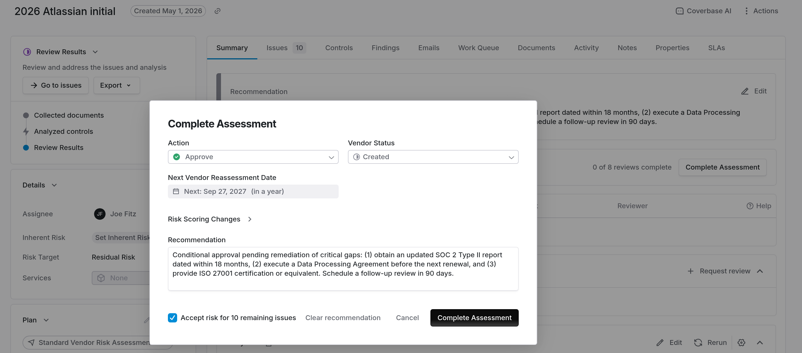 Completed assessment summary with risk scores and recommendation
