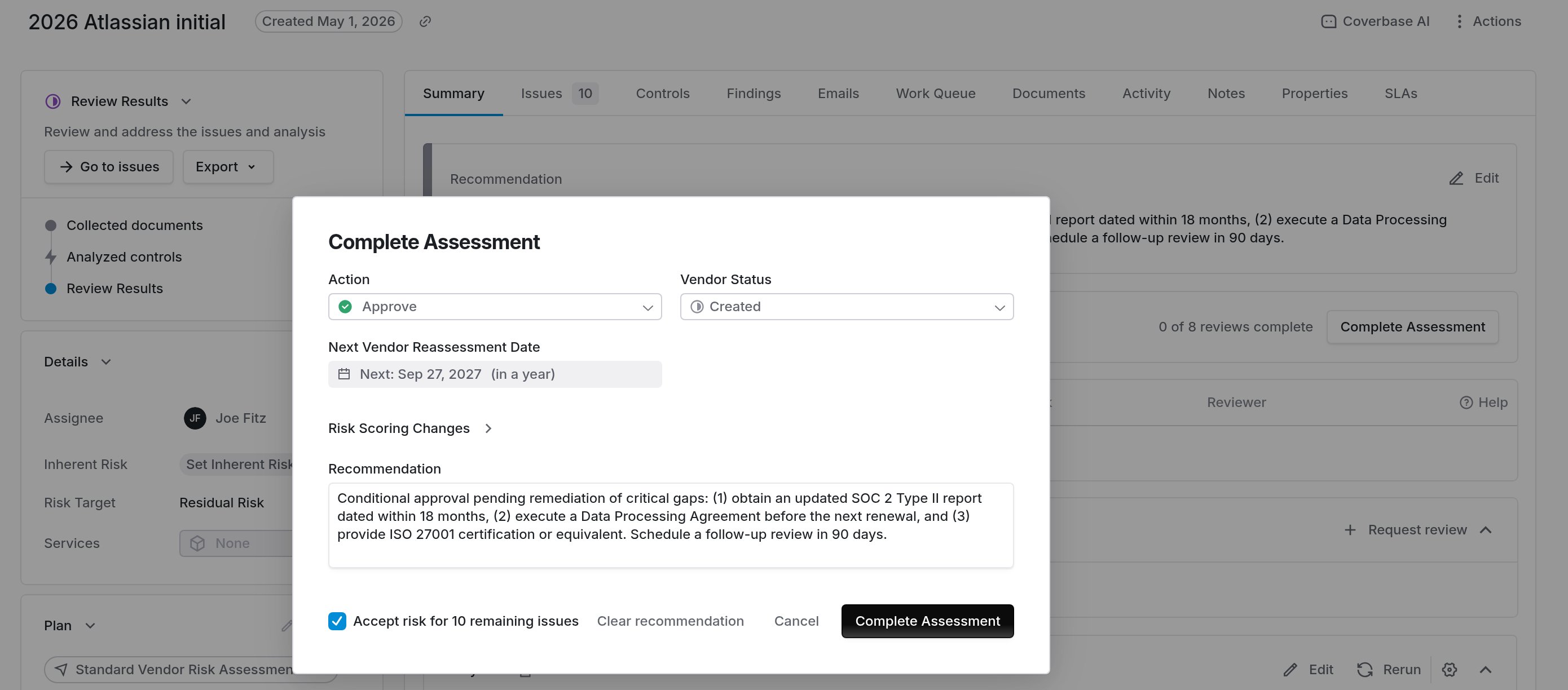 Completed assessment summary with risk scores and recommendation