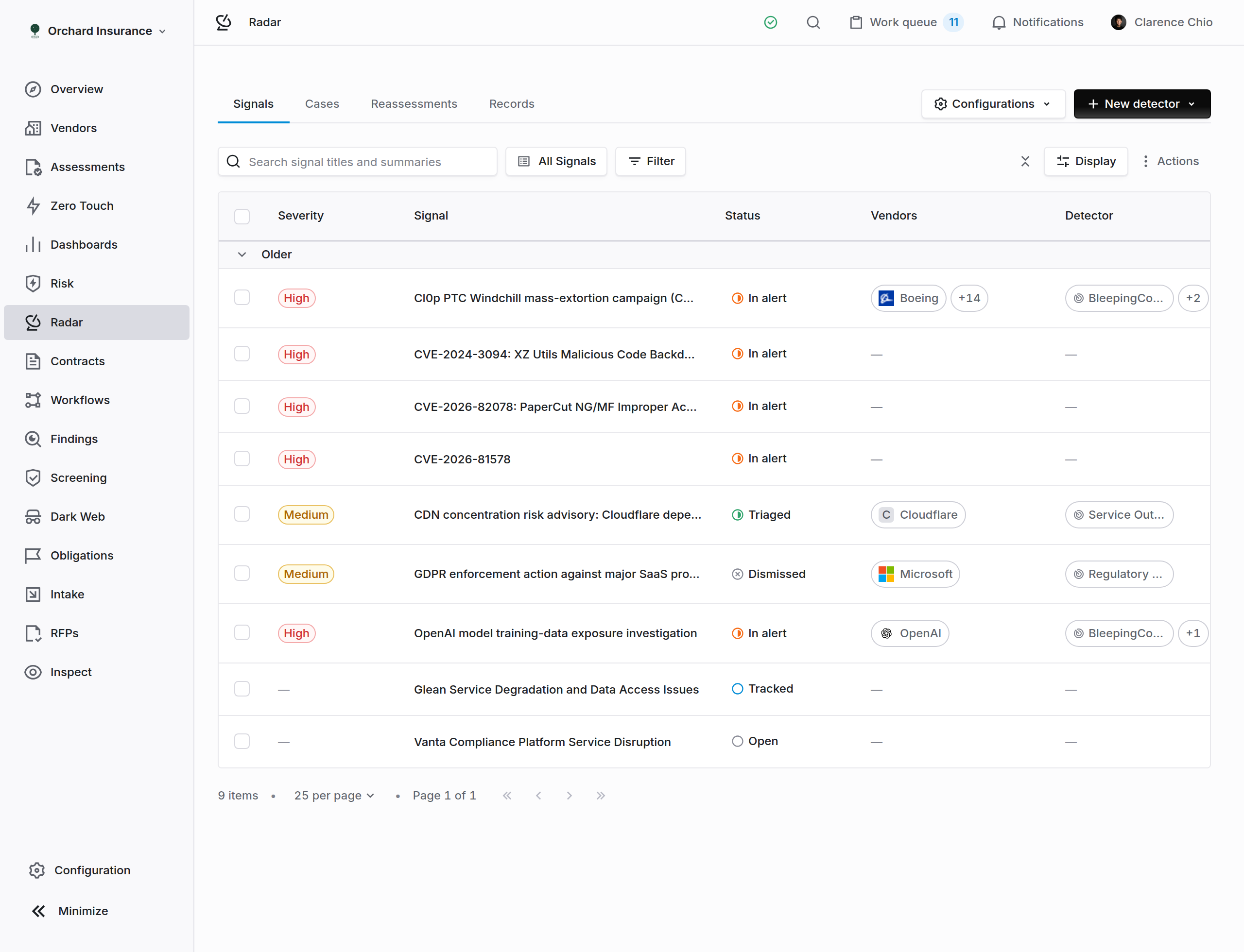 Radar Signals tab listing signals with status, severity, vendors, and detectors