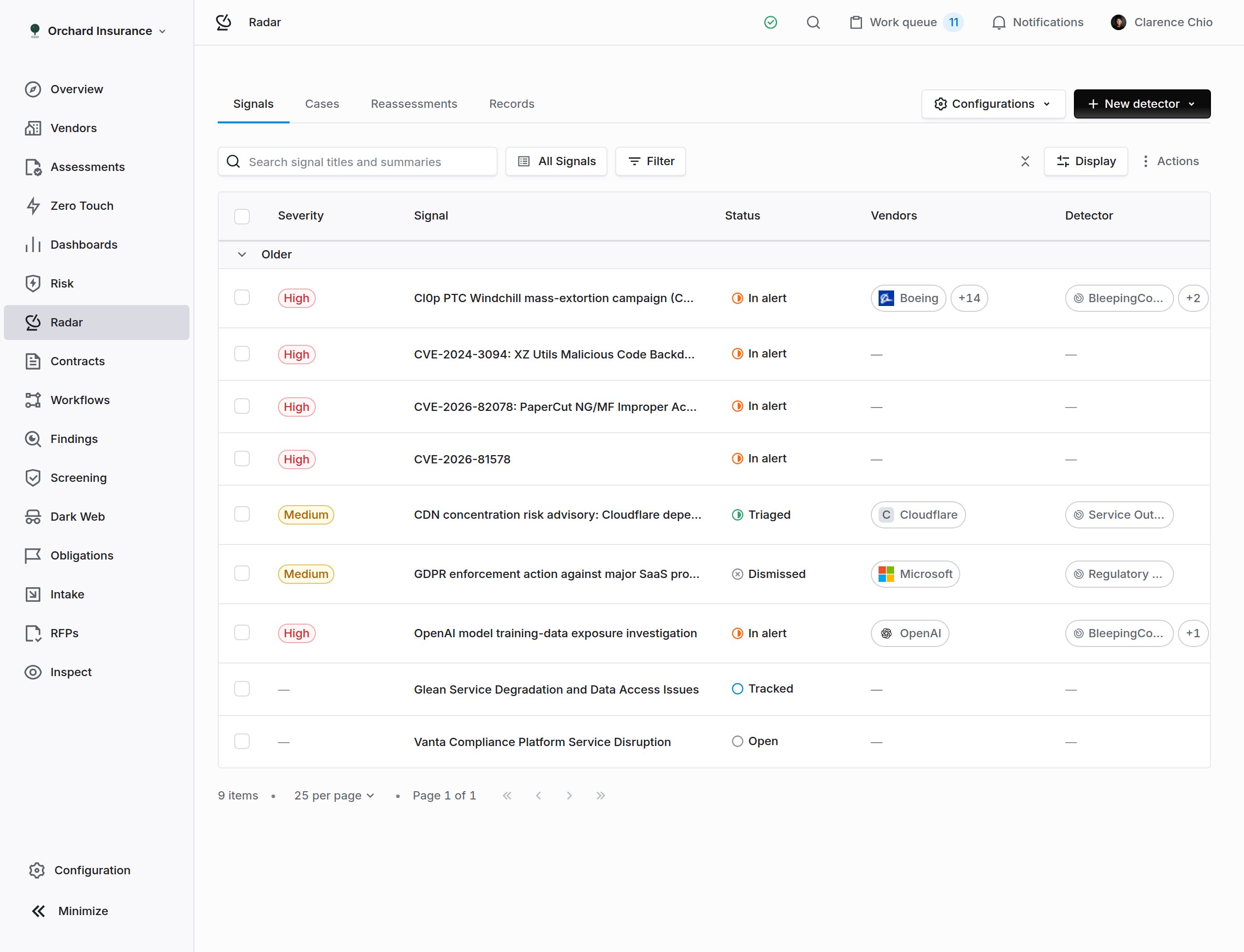 Radar Signals tab listing signals with status, severity, vendors, and detectors