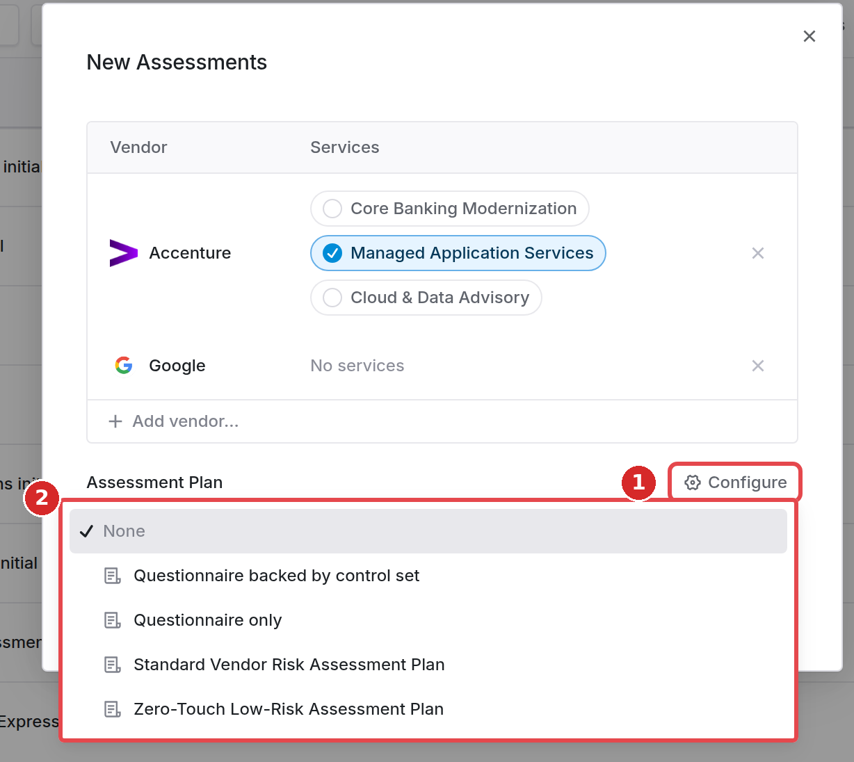 Assessment plan dropdown with plan summary