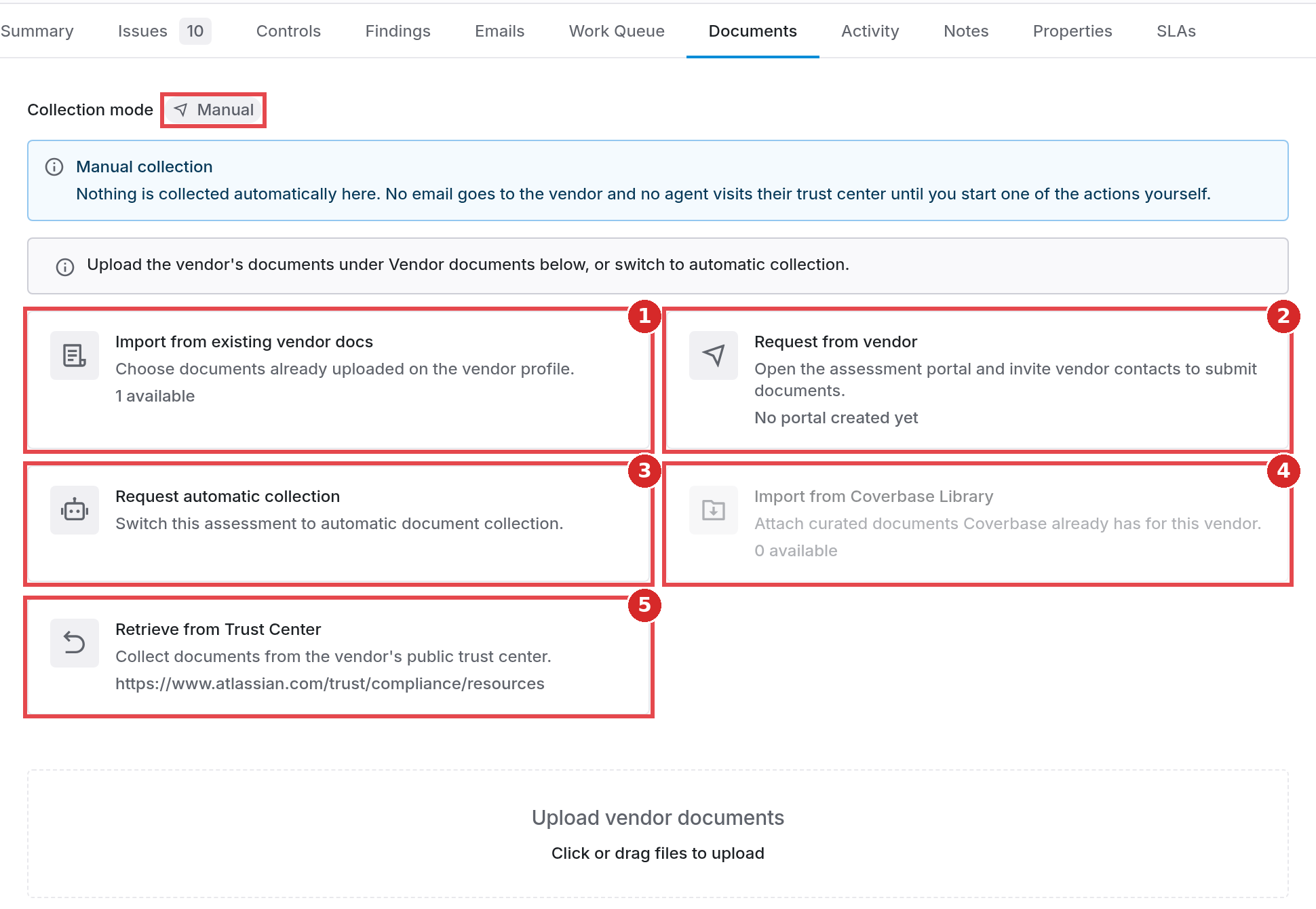 Documents tab with the five evidence collection routes