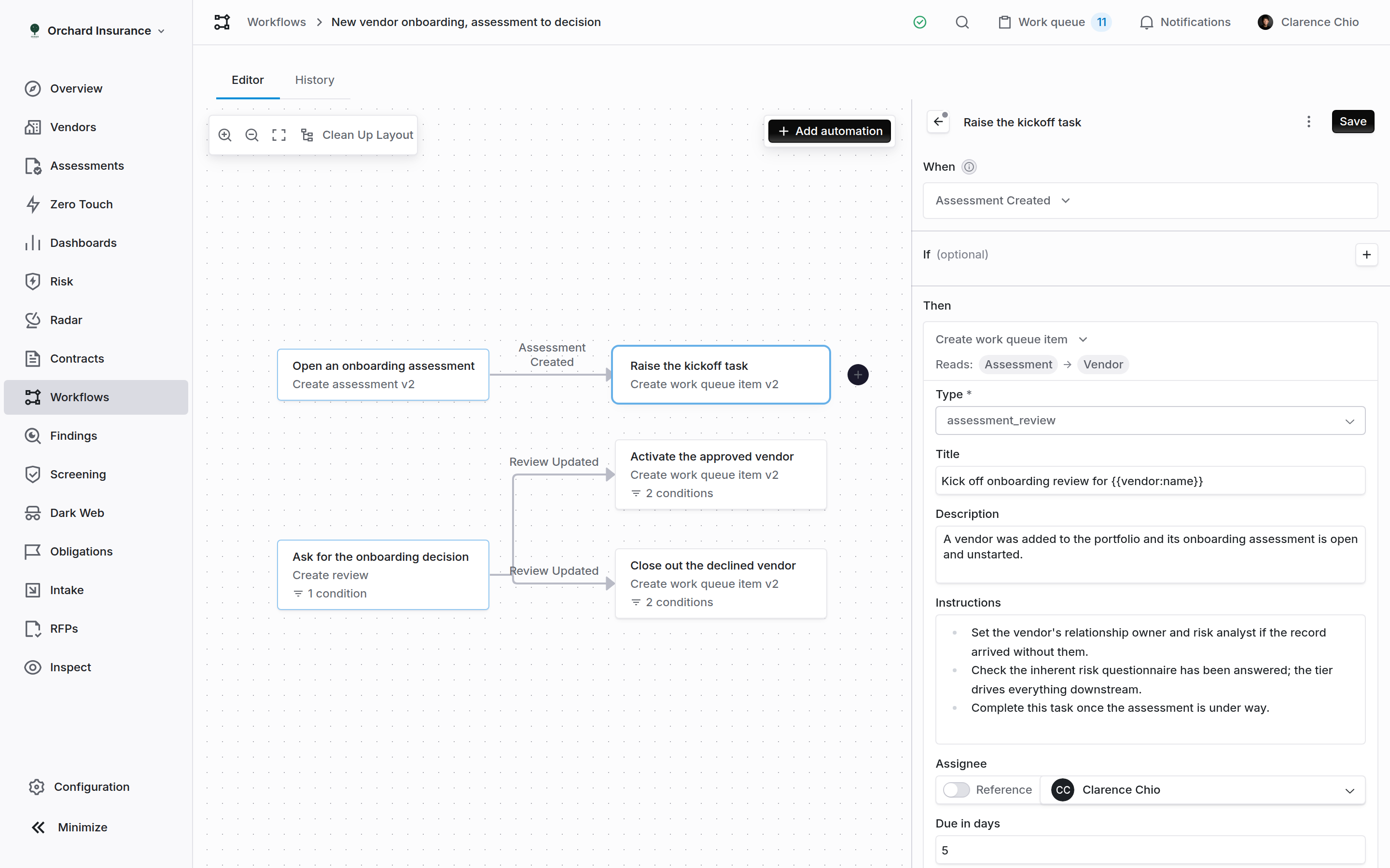 The Coverbase automation inspector showing the When, If and Then sections and the work queue item fields
