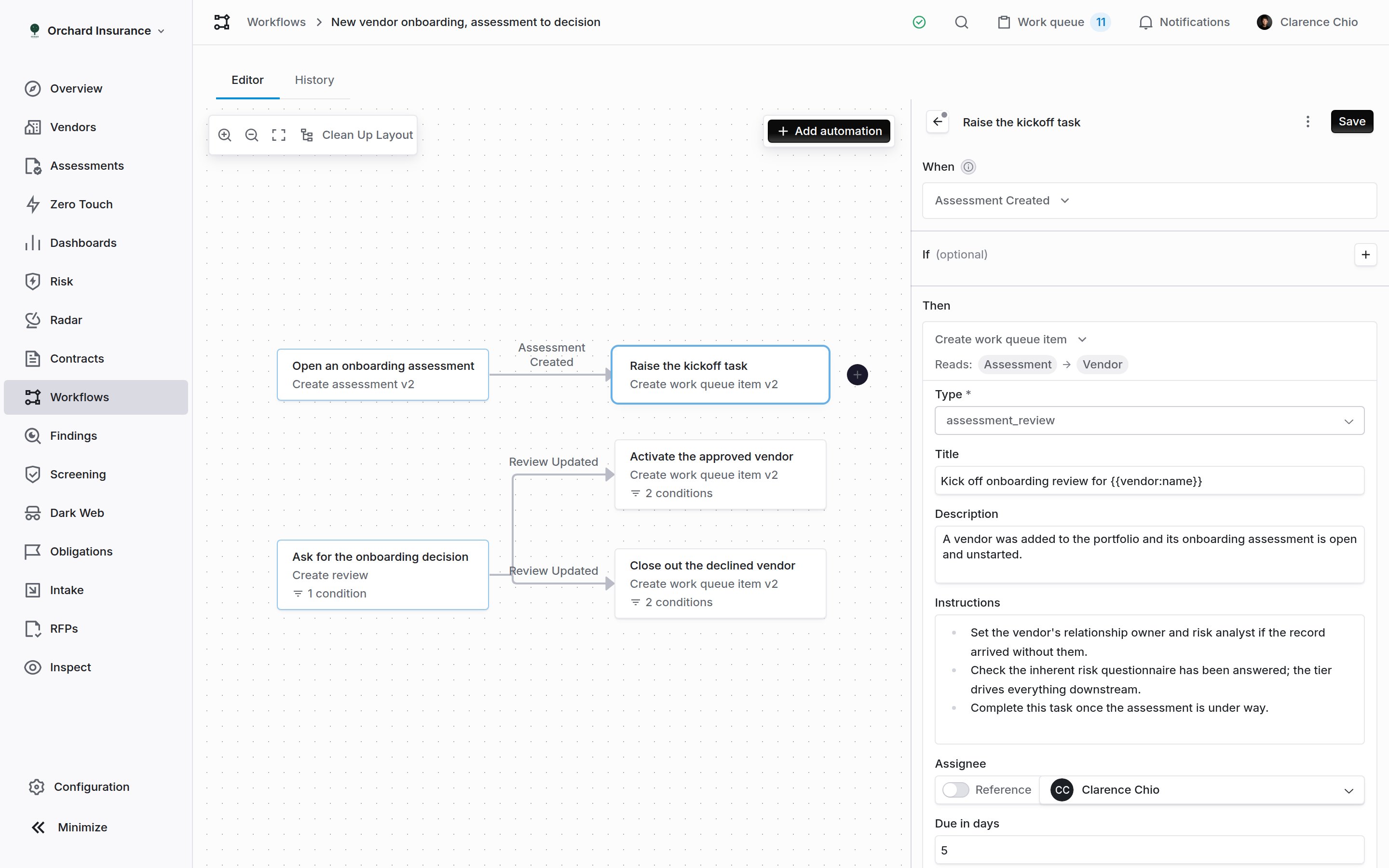 The Coverbase automation inspector showing the When, If and Then sections and the work queue item fields