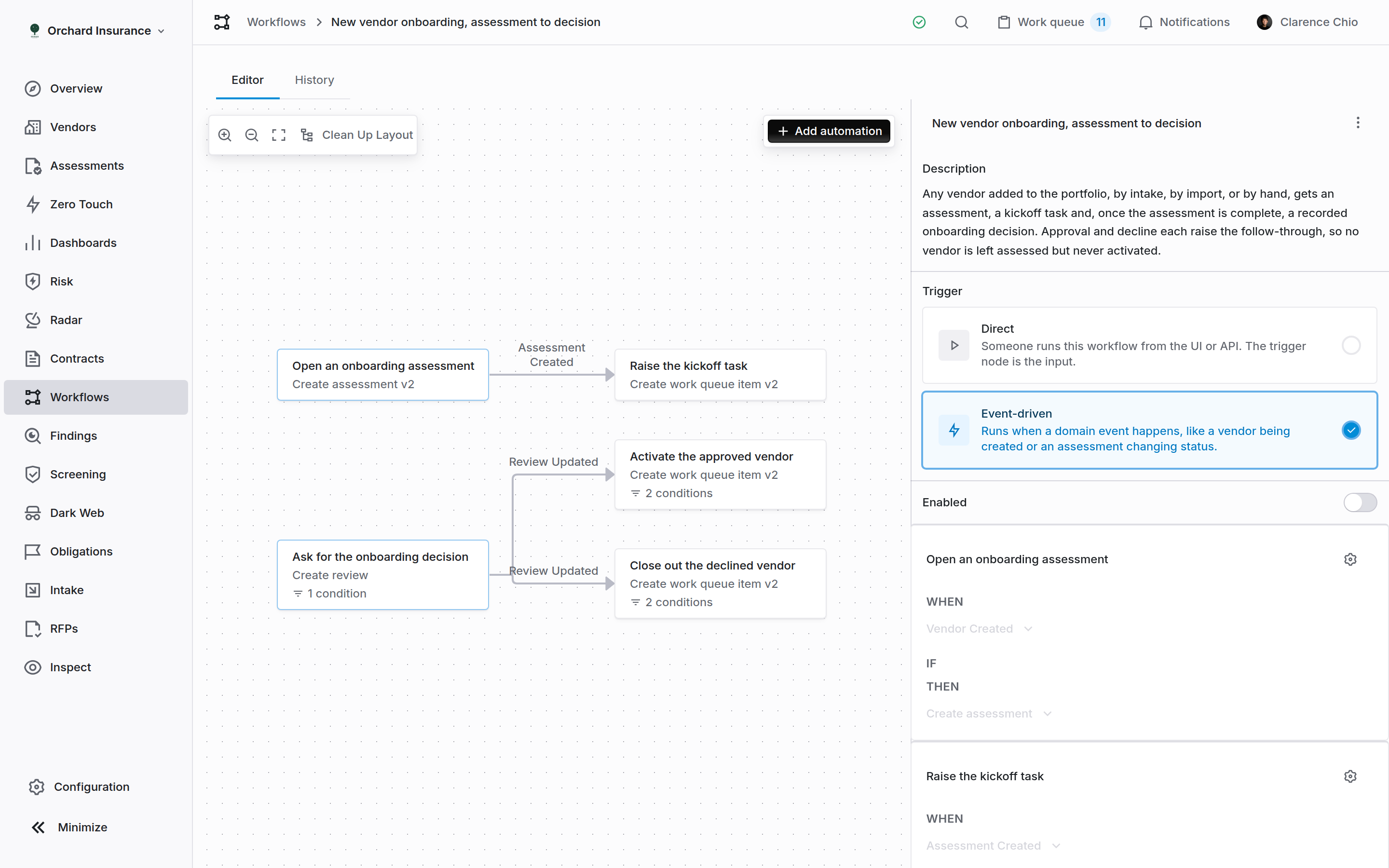 The Coverbase workflow editor with five automation nodes in two connected groups on the canvas and the workflow settings in the inspector pane on the right