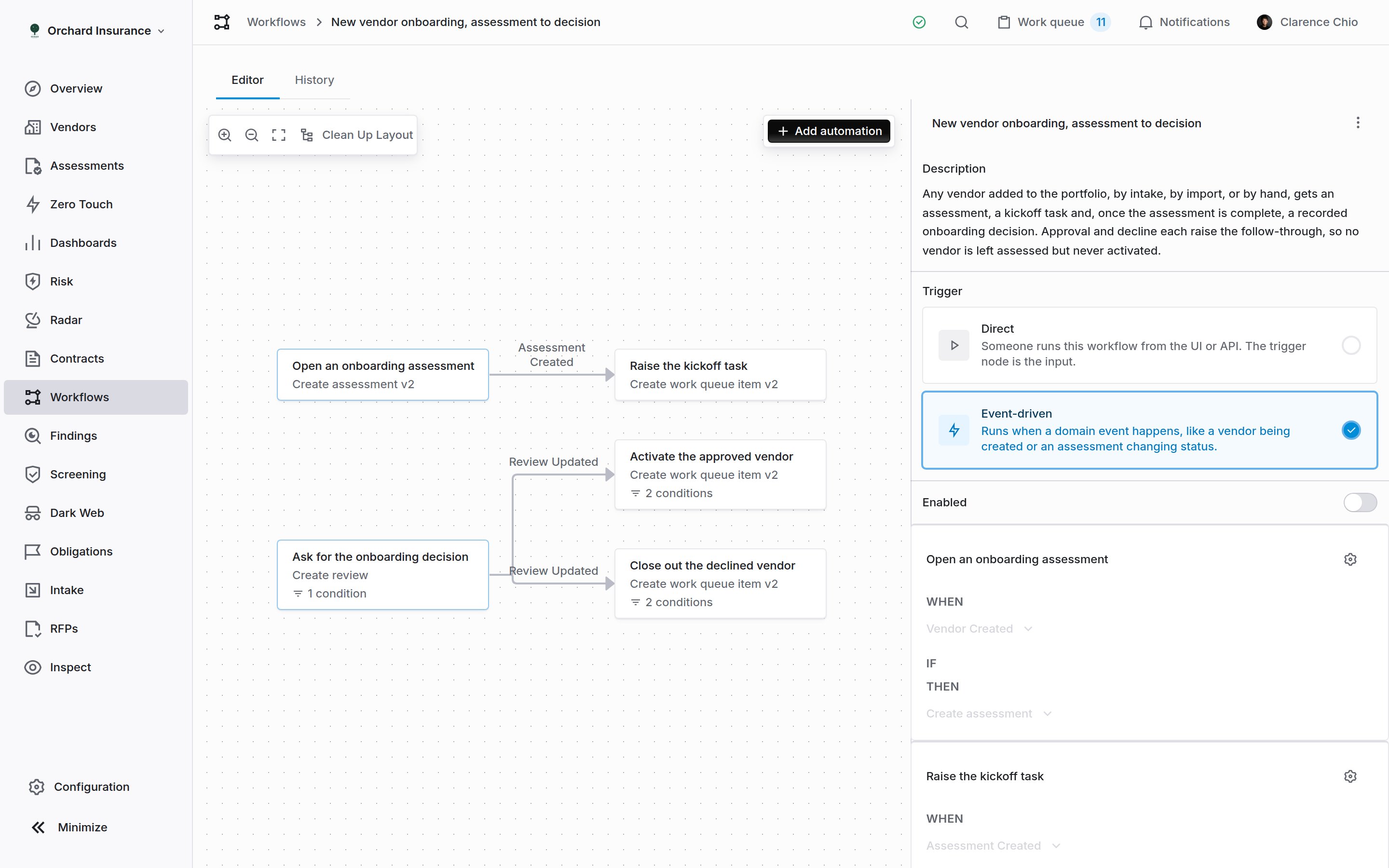 The Coverbase workflow editor with five automation nodes in two connected groups on the canvas and the workflow settings in the inspector pane on the right