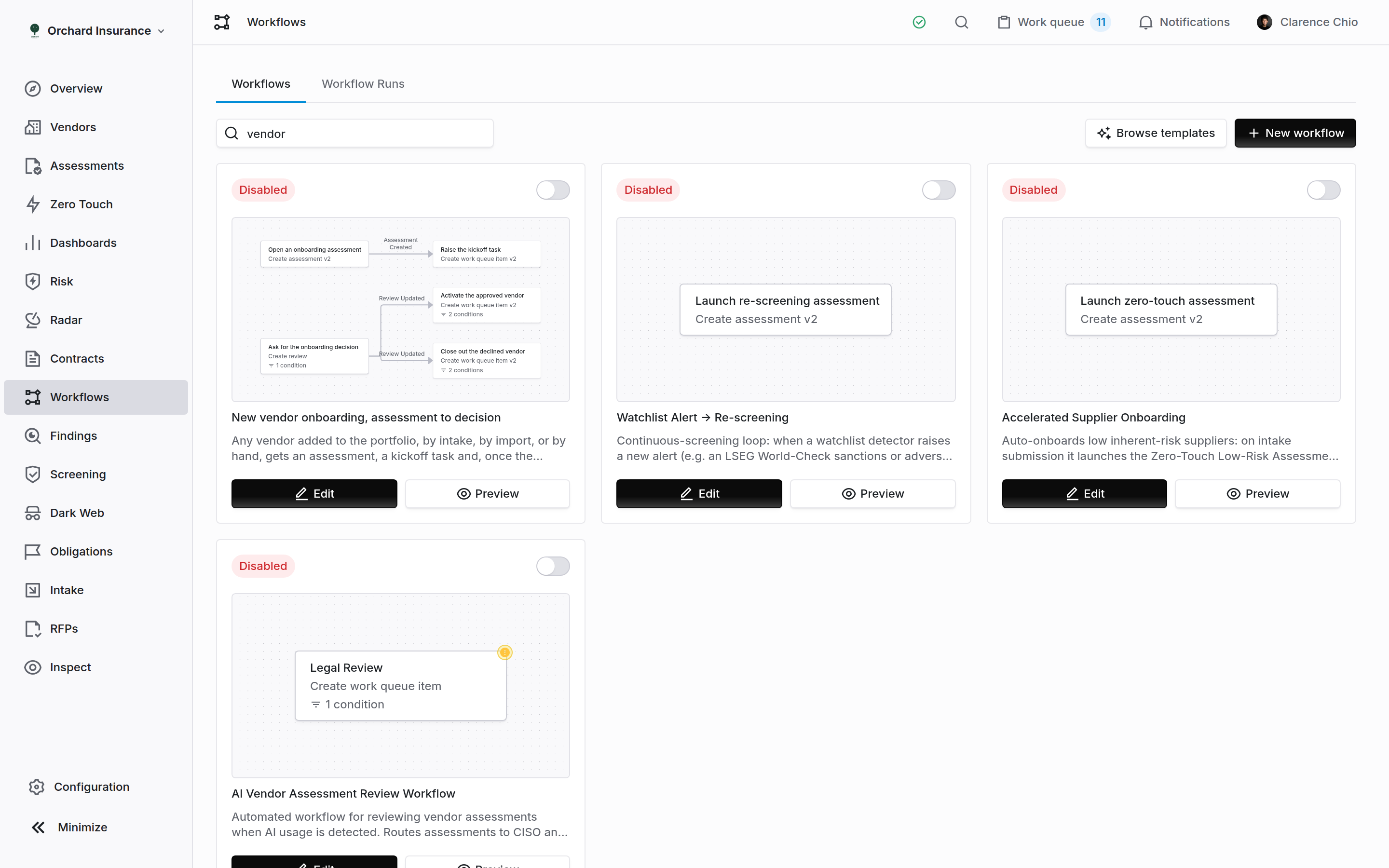 The Coverbase workflows list searched for 'vendor', showing workflow cards with status badges, enabled switches and previews