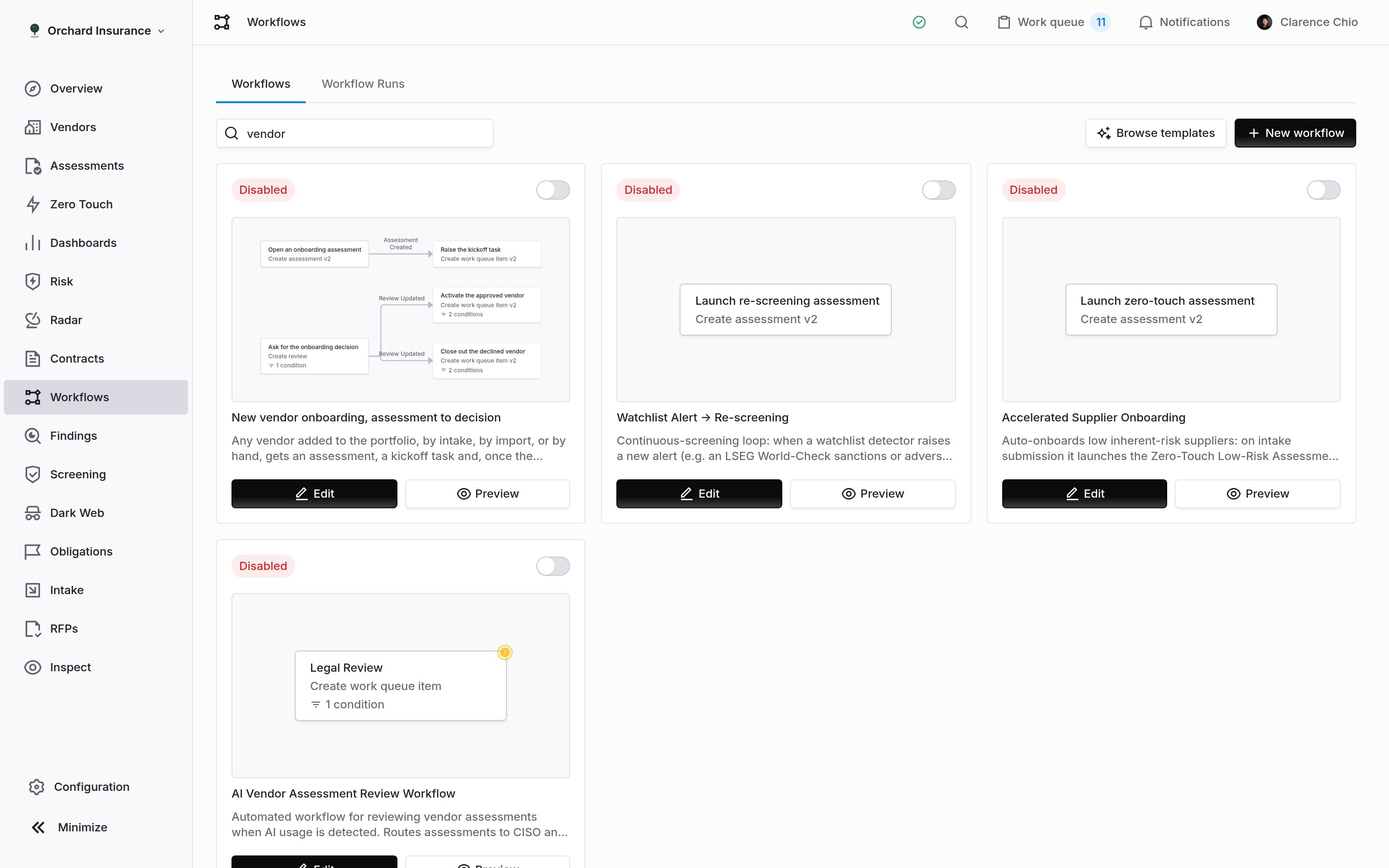 The Coverbase workflows list searched for 'vendor', showing workflow cards with status badges, enabled switches and previews