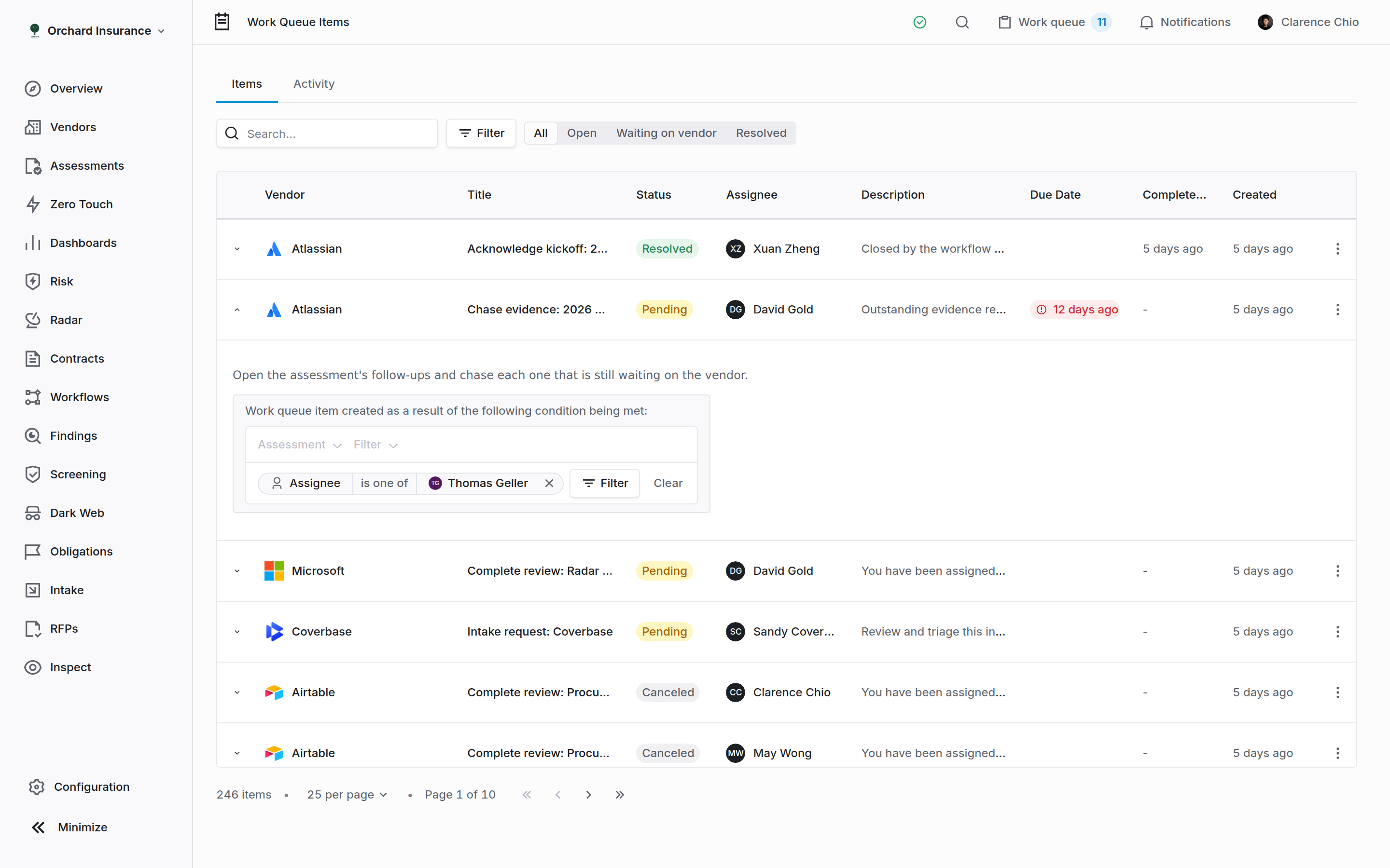 The Coverbase Work Queue Items page with one row expanded to show its instructions and the conditions that raised it