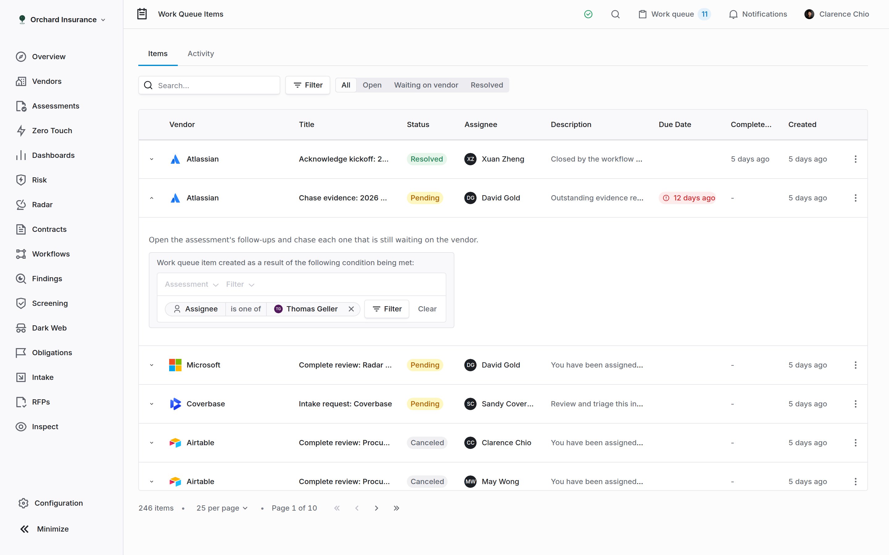 The Coverbase Work Queue Items page with one row expanded to show its instructions and the conditions that raised it
