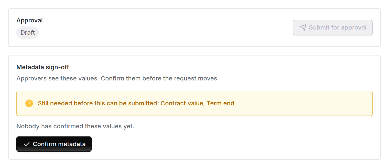 Metadata sign-off card listing the required values that are still empty