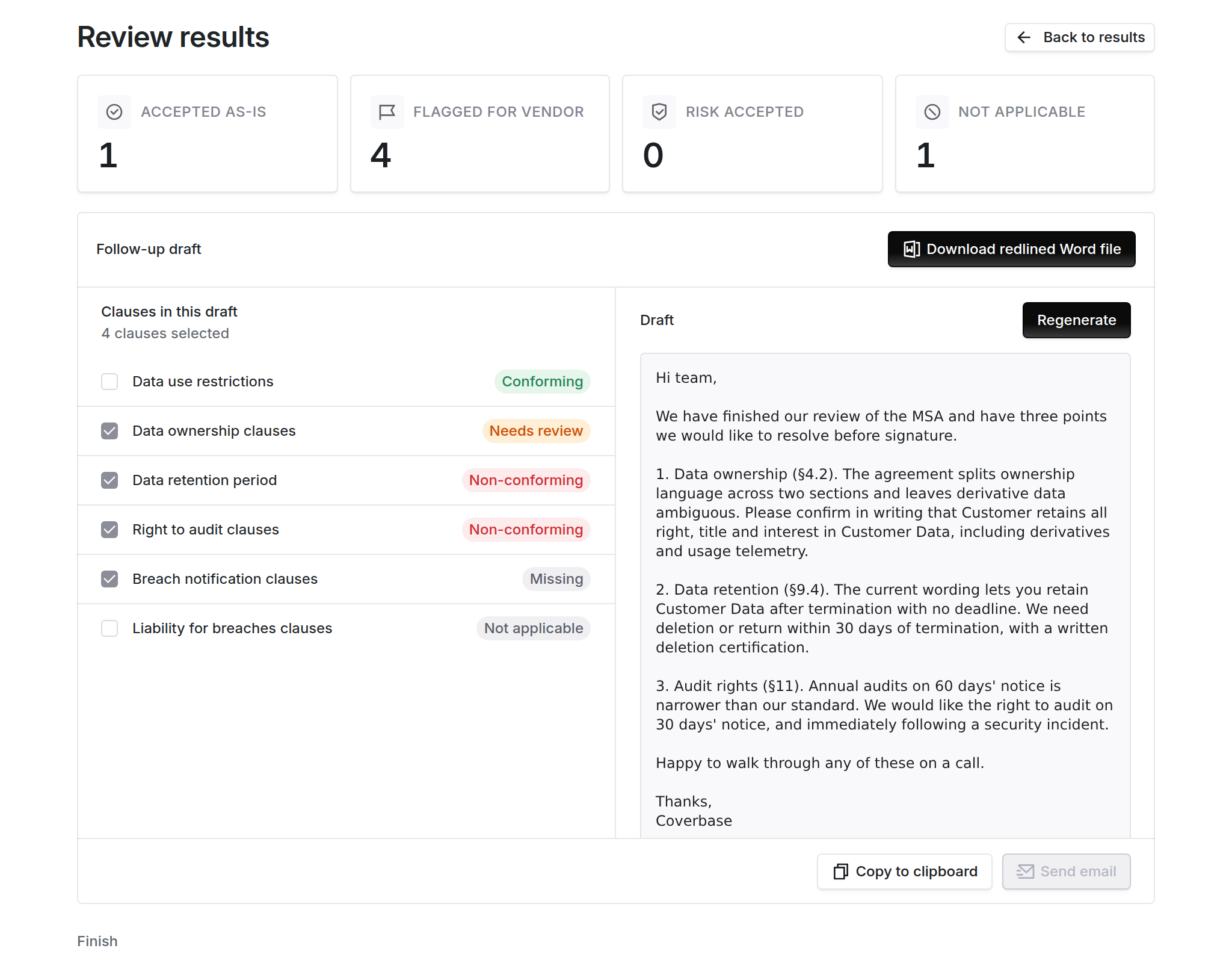 Communicate step showing counts of decisions, the generated follow-up draft, and the redlined Word file button