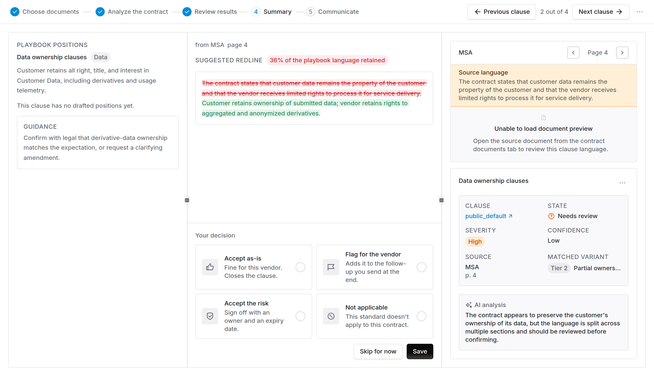 Three-pane decide console showing playbook positions, suggested redline, decision options, and the source document