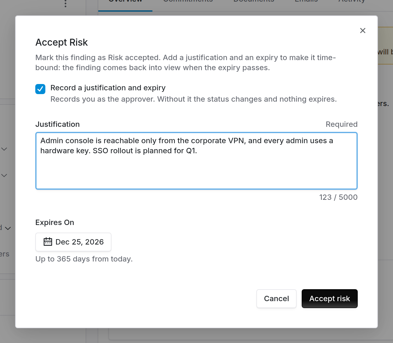 Accept Risk dialog with Record a justification and expiry ticked, a justification filled in, and an Expires On date 90 days out